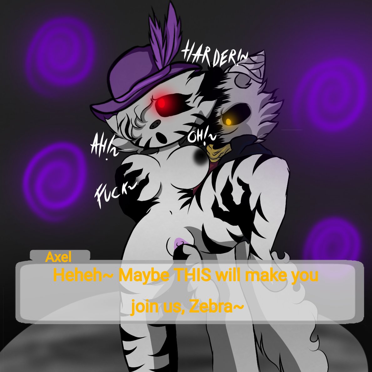 1boy 1girls 2d 2d_(artwork) axel_(dafunnihorseguy) dafunnihorseguy dialogue female female_focus furry furry_female furry_only glowing_eyes hat infected_(piggy) piggy_(game) portal text text_box zizzy_(piggy)