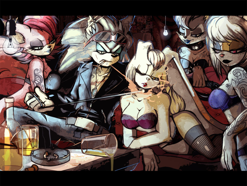 alcohol alicia_acorn bar beer beverage biker bikini bra bracelet canine chipmunk chipmunk_humanoid cigarette clothing collar droopy_ears eyewear female fiona_fox fluffy fox furry furry_female grey_eyes hair hedgehog jacket jewelry lagomorph leash legwear lipstick long_ears makeup mammal mammal_humanoid milf necklace panties piercing punk queen rabbit red_eyes red_hair rodent rodent_humanoid scourge_the_hedgehog smoke sonic_(series) spandex spikes stockings sunglasses sweethellgirl swimsuit tattoo tight_clothing underwear vanilla_the_rabbit yellow_eyes