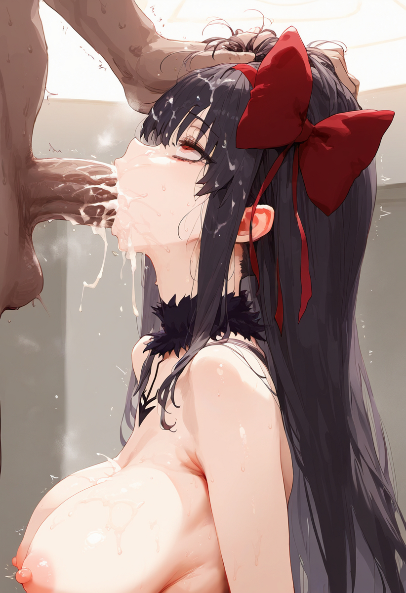 ai_generated akemi_homura akuma_homura big_breasts black_hair blowjob cum_in_mouth dark-skinned_male eyes_rolling_back face_fucking female female_focus hand_on_another's_head interracial light-skinned_female mahou_shoujo_madoka_magica oral_sex red_eyes solo_focus straight