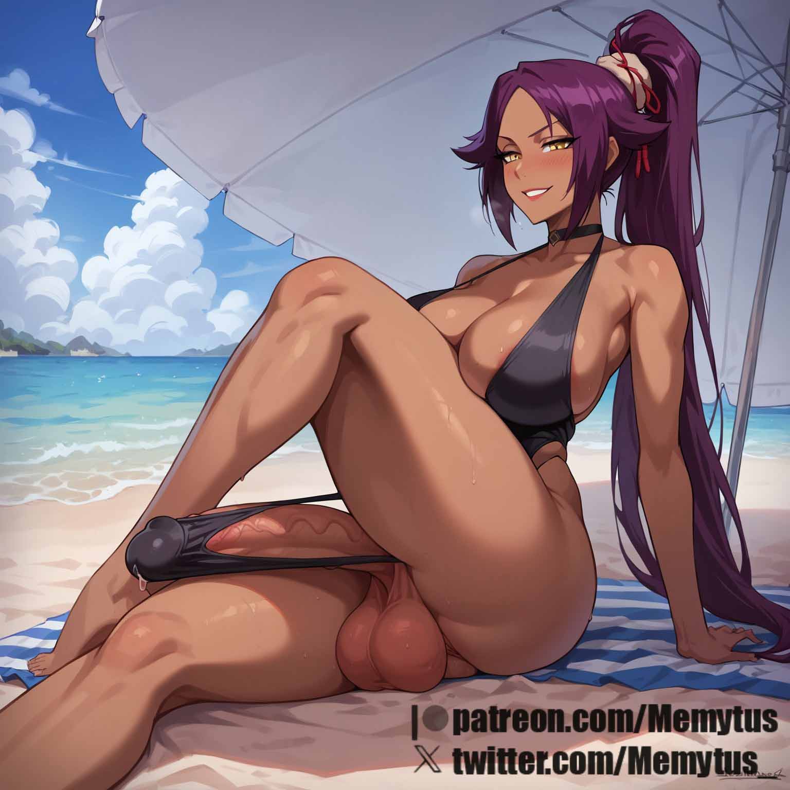 ai_generated bleach blush breasts erection futanari huge_balls huge_breasts huge_cock memytus penis ponytail precum purple_hair shihouin_yoruichi swimsuit testicles thick_thighs yellow_eyes