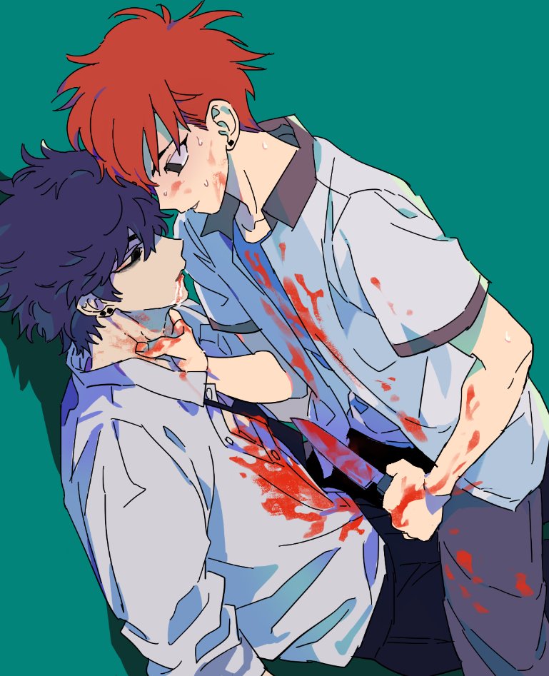 2boys black_eyes black_hair black_pants blood blood_from_mouth blood_on_arm blood_on_clothes blood_on_hands blood_on_neck blood_on_weapon cowboy_shot curly_hair drooling dutch_angle ear_piercing empty_eyes expressionless grey_pants guro hand_on_another's_neck holding holding_knife jaemin107 knife leaning_forward light_smile long_sleeves looking_at_another loose_necktie male_focus multiple_boys necktie original pants parted_lips piercing red_eyes shirt short_hair short_sleeves sweat weapon white_shirt