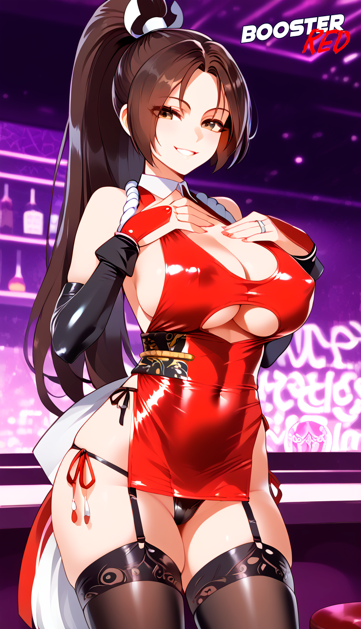 1girls adjusting_panties ai_generated bare_shoulder big_breasts bodycon boosterred99 bridal_gauntlets brown_eyes brown_hair busty cameltoe cleavage clothing_cutout covered_navel covered_nipples cutout dress female female_only king_of_fighters large_breasts latex_panties long_hair mai_shiranui parted_lips ponytail post-timeskip ring seductive seductive_smile sensual shiny_clothes side-tie_panties side_locks sideboob skirt smile solo stockings underboob voluptuous