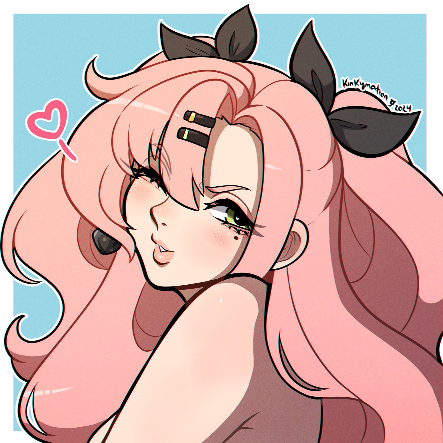 blush, earrings, female, green eyes, hair ornament, kinkymation, mihoyo, mole, mole under eye, nicole demara, pink hair, portrait, twintails, zenless zone zero