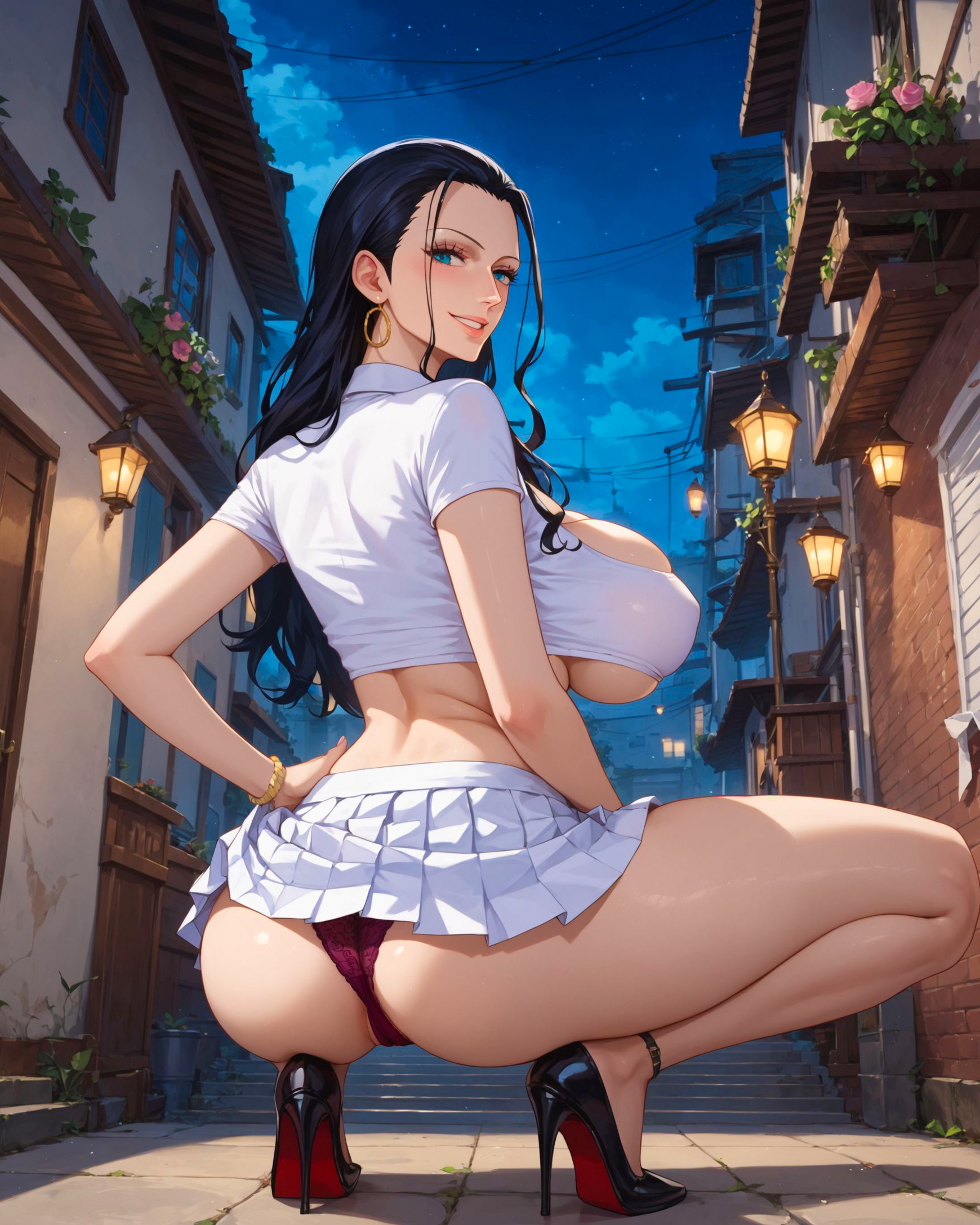 1girls, ai generated, alex-schura, alley, ass, back, black footwear, black hair, blue eyes, blue hair, blush, bracelet, breasts, clothes lift, clothing, crop top, curvaceous, curvaceous female, curvaceous figure, curvy, curvy figure, earrings, exhibitionism, female, female focus, female only, footwear, from behind, high heels, hoop earrings, huge breasts, inviting, inviting to sex, jewelry, lamppost, large breasts, legs, lips, long hair, looking at viewer, looking back, louboutin (shoes), miniskirt, nico robin, night, one piece, outdoors, pantsu, parted lips, plant, pleated skirt, presenting, presenting anus, presenting ass, presenting hindquarters, presenting pussy, prostitution, pussy, red bottom heels, seductive, seductive look, seductive smile, shirt, shoes, short sleeves, skirt, skirt lift, sky, smile, solo, squatting, star (sky), thick thighs, thighs, thong, underboob, underwear, voluptuous, voluptuous female, white shirt, white skirt