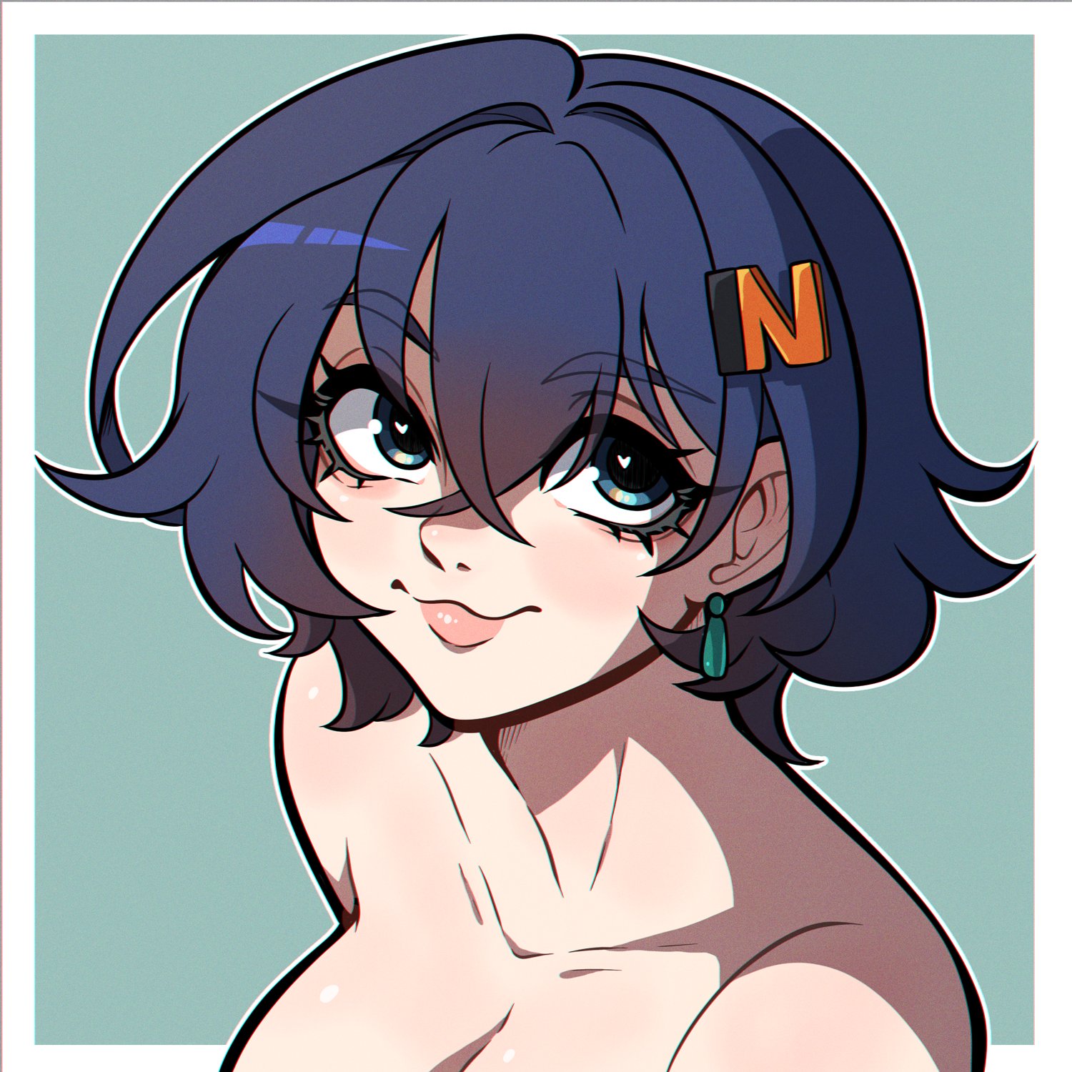 belle (zenless zone zero), big breasts, breasts, cleavage, female, hair ornament, kinkymation, large breasts, mihoyo, nude, portrait, simple background, zenless zone zero