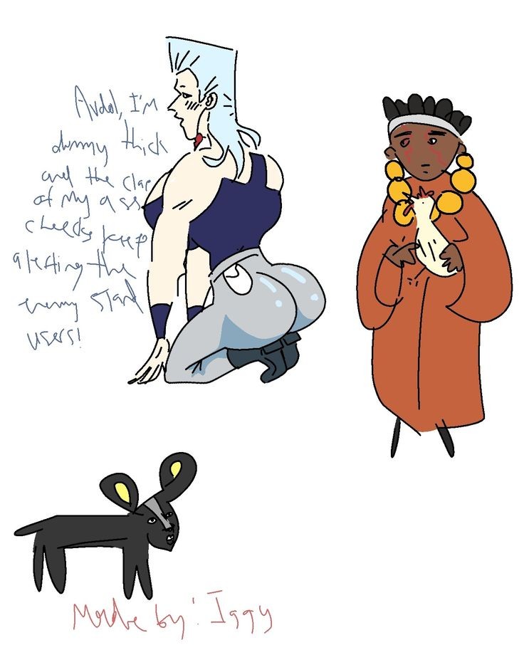 bad_handwriting big_ass big_pecs blush_lines chicken english_text extremely_bad_handwriting holding_animal iggy_(jjba) jean_pierre_polnareff jojo's_bizarre_adventure low_effort male_only meme mohammed_avdol poor_grammar shitpost simple_shading stardust_crusaders