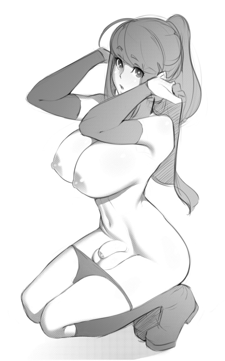 1futa, adjusting hair, areolae, balls, big breasts, breasts, flaccid, foreskin, futa only, futanari, human, intersex, kneeling, large breasts, looking at viewer, monochrome, necrosmos, nipples, nude, panties, panties around thighs, panties down, partially retracted foreskin, penis, retracted foreskin, solo, squatting, testicles, uncircumcised, uncut