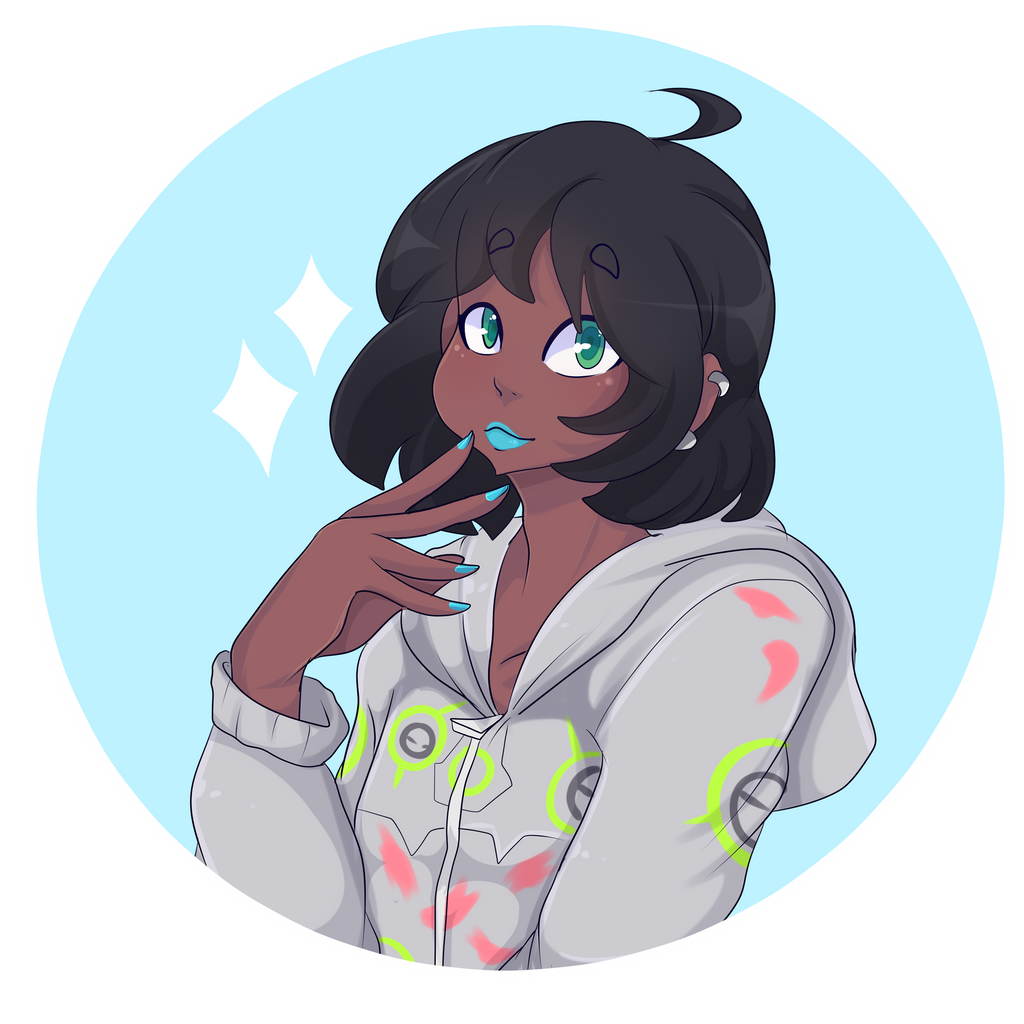 ahoge black_hair blue_nails calvin_(kazudanefonfon) dark-skinned_femboy ear_piercing green_eyes headshot_portrait hoodie lipstick lolzneo looking_at_viewer painted_nails thick_lips trap