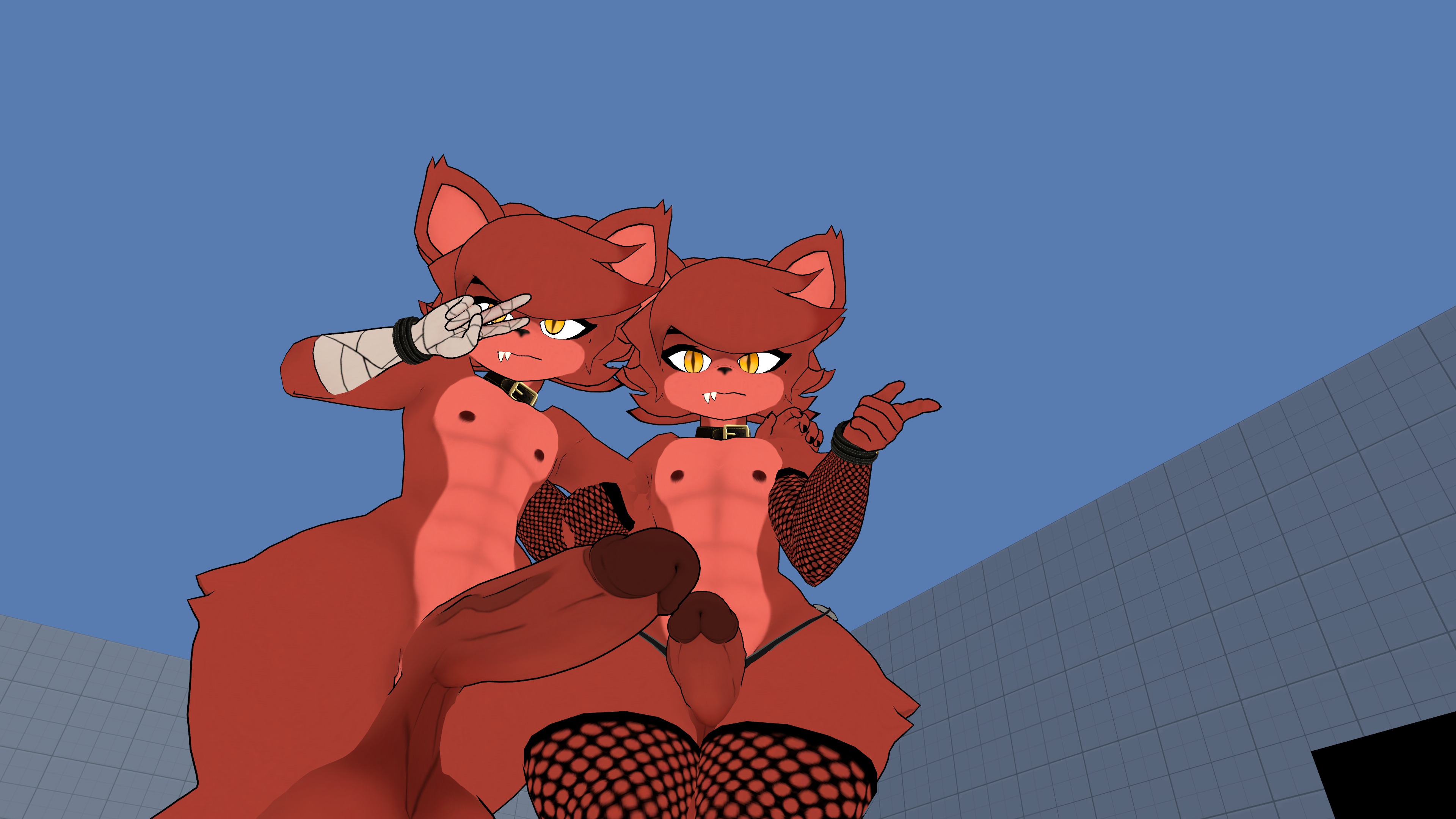2boys, 2femboys, 3d, anthro, anthro only, armwear, balls, ballsack, big balls, big penis, bottom heavy, bottom heavy femboy, bottom heavy male, brown fur, cakeboi96, cock, cocks touching, collar, dick, dicks touching, espeeyy, femboy, fexa, fexa (cryptiacurves), fishnet armwear, fishnet legwear, fishnets, five nights at freddy's, fredina's nightclub, furry, furry only, girly, male only, male/male, penis, posing, selfie pose, size comparison, size difference, tagme, thick thighs, thong, tips touching, toned body, voluptuous, vrchat, vrchat avatar, vrchat media, vrchat model