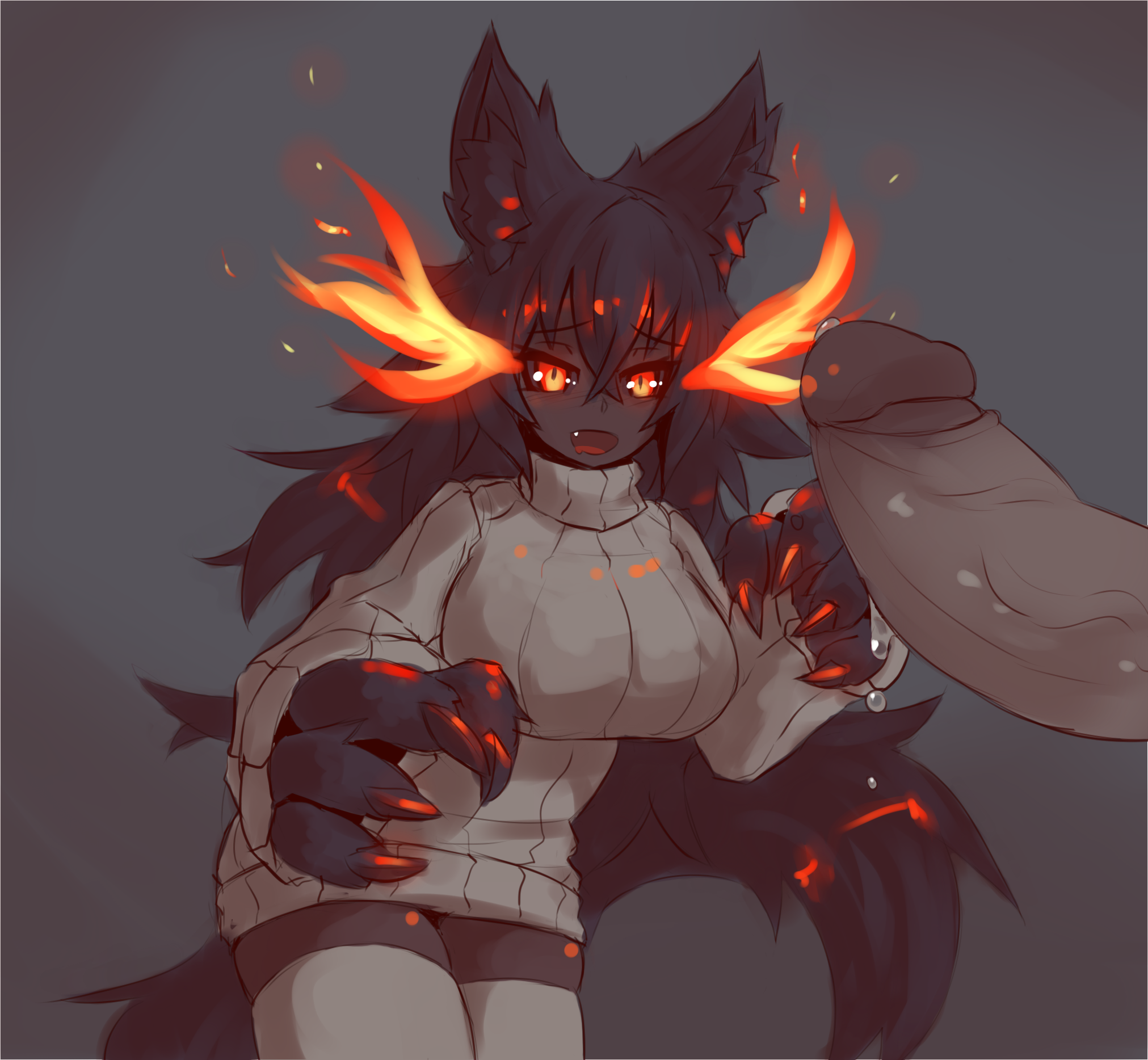 4 fingers, animal hands, animal humanoid, big hands, big penis, black fur, black hair, breasts, canine, claws, clothing, demon, disembodied penis, dog humanoid, female, fire, grey background, grey penis, grey theme, hellhound (monster girl encyclopedia), huge breasts, humanoid, humanoid penis, inner ear fluff, large breasts, legwear, long hair, male, mammal, monster girl, monster girl (genre), monster girl encyclopedia, open mouth, penis, precum, simple background, slit pupils, spot color, standing, sub-res, sweater, thighhighs