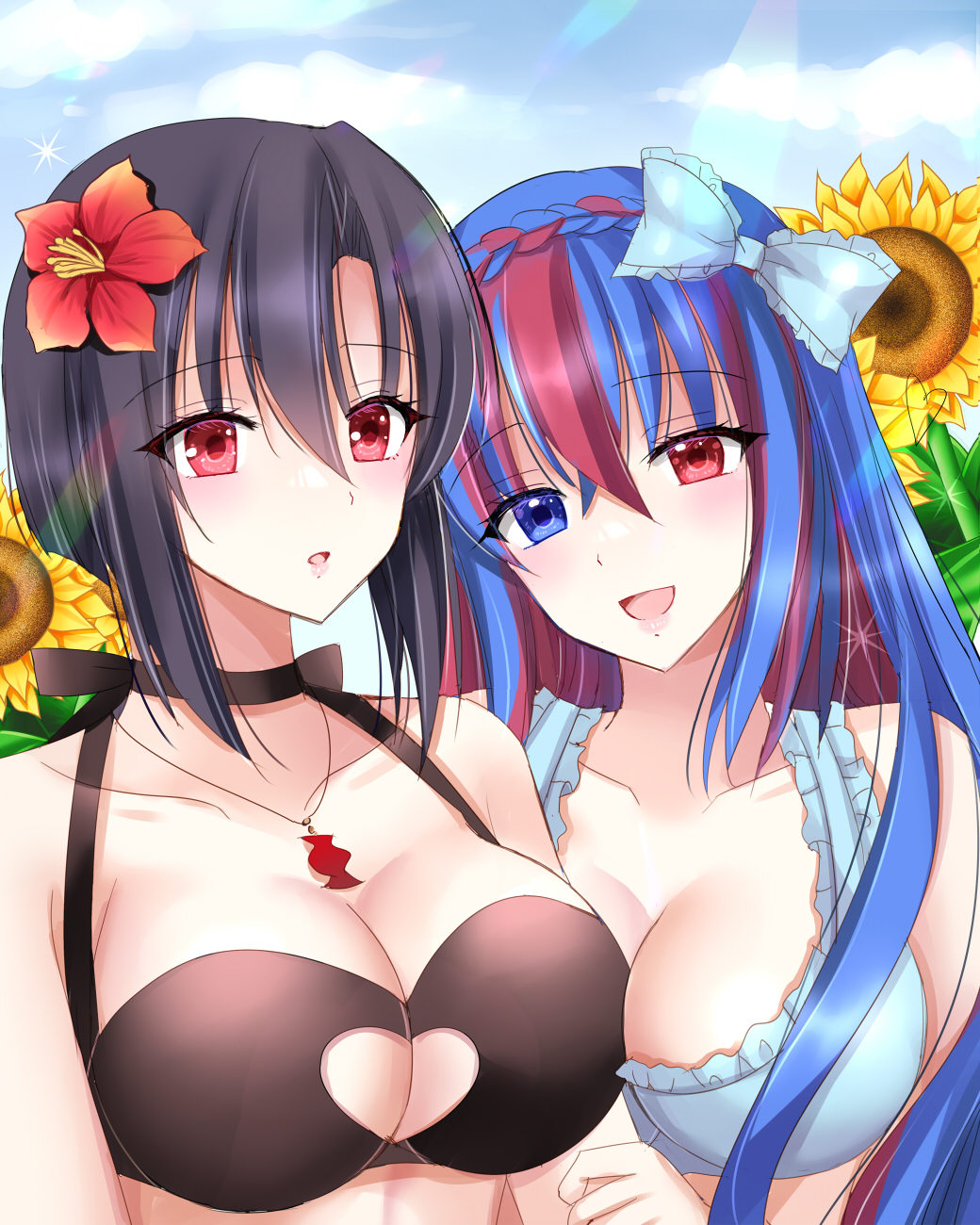 2girls :d alear_(female)_(fire_emblem) alear_(fire_emblem) alternate_costume bikini black_bikini black_hair black_swimsuit blue_bikini blue_bow blue_eyes blue_hair blue_sky blue_swimsuit bow breasts cleavage cleavage_cutout clothing_cutout cloud collarbone day female female_only fire_emblem fire_emblem_engage flower hair_flower hair_ornament hairbow heart_cutout heterochromia highres kirishima_riona large_breasts multicolored_hair multiple_girls nel_(fire_emblem) nintendo red_eyes red_flower red_hair short_hair sky smile streaked_hair swimsuit upper_body