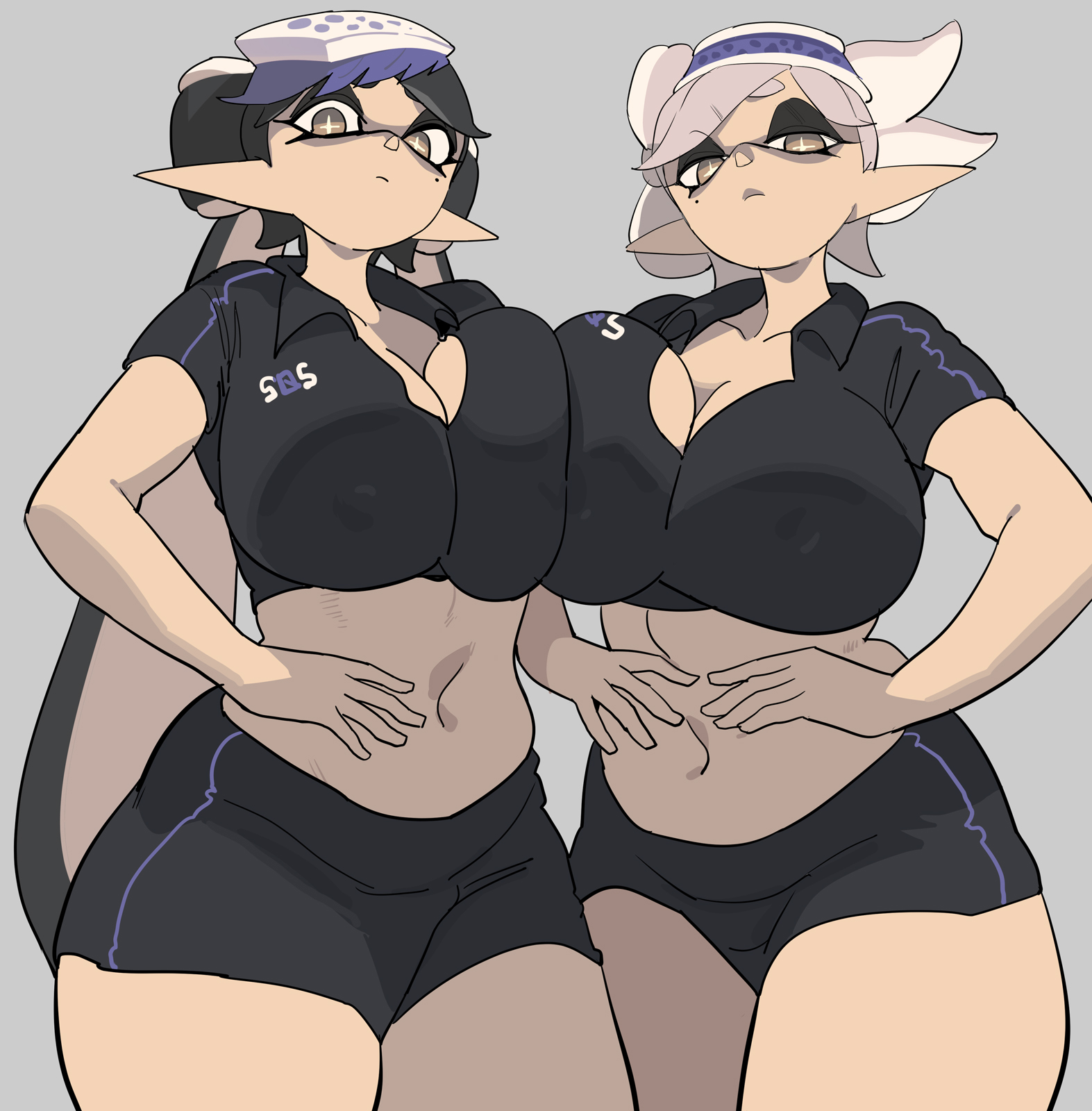 alternate costume, big boobs, big breasts, black hair, black hair female, boobs, breasts, callie (splatoon), cleavage, height difference, huge breasts, inkling, inkling girl, large boobs, large breasts, light skin, light-skinned female, looking down, looking down at viewer, marie (splatoon), midriff, nintendo, shorts, size difference, splatoon, splatoon (series), stomach, taller, taller female, taller girl, taller woman, thick thighs, thighs, tummy, video game character, white hair, white hair female, y agc, yuta agc
