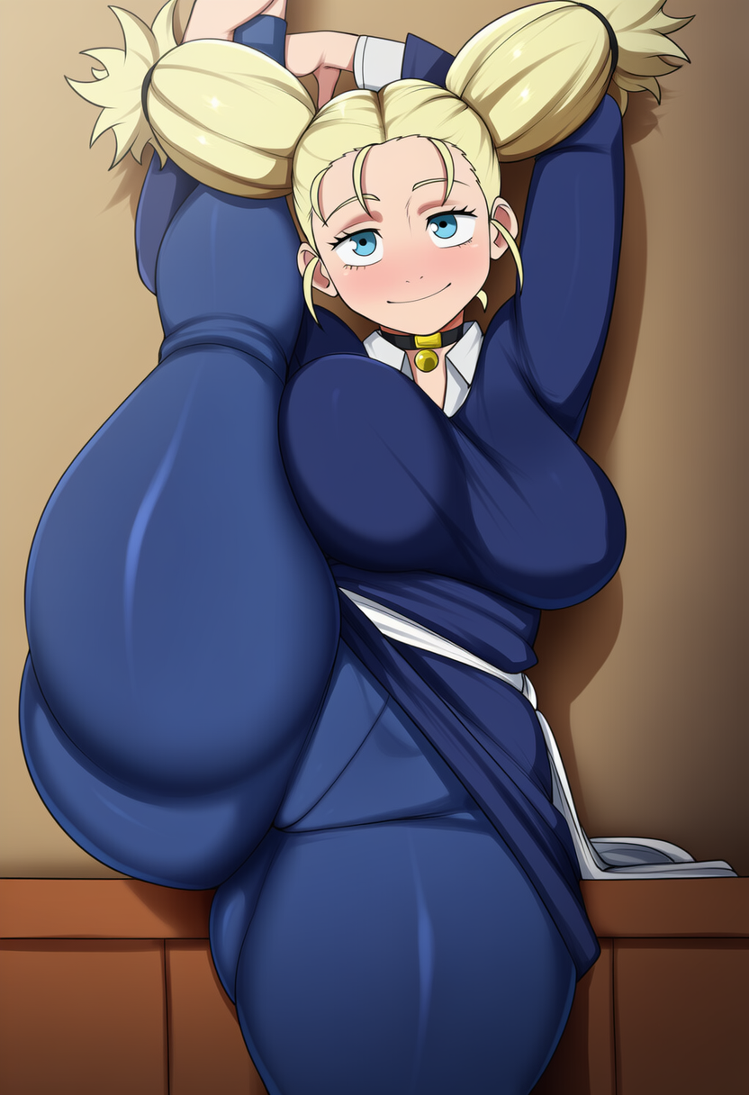 ai generated, big ass, big breasts, black dress, cute, girl, jjk, jujutsu kaisen, leg up, momo nishimiya, sexy body, sexy pose, smile, thick body, thick thighs, yellow hair