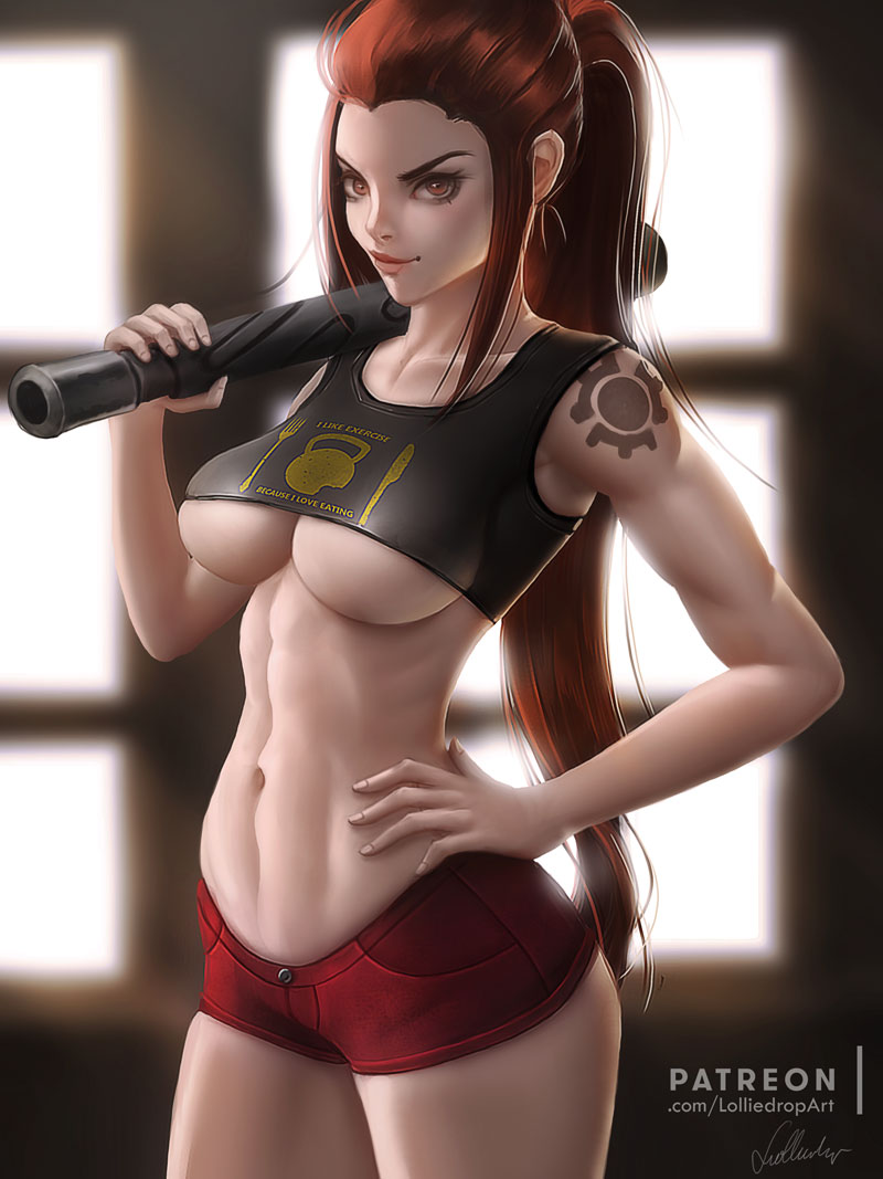 2d big_breasts breasts brigitte brigitte_lindholm cleavage female female_only large_breasts lolliedrop looking_at_viewer muscles muscular_female overwatch short_shorts shorts solo tattoo underboob