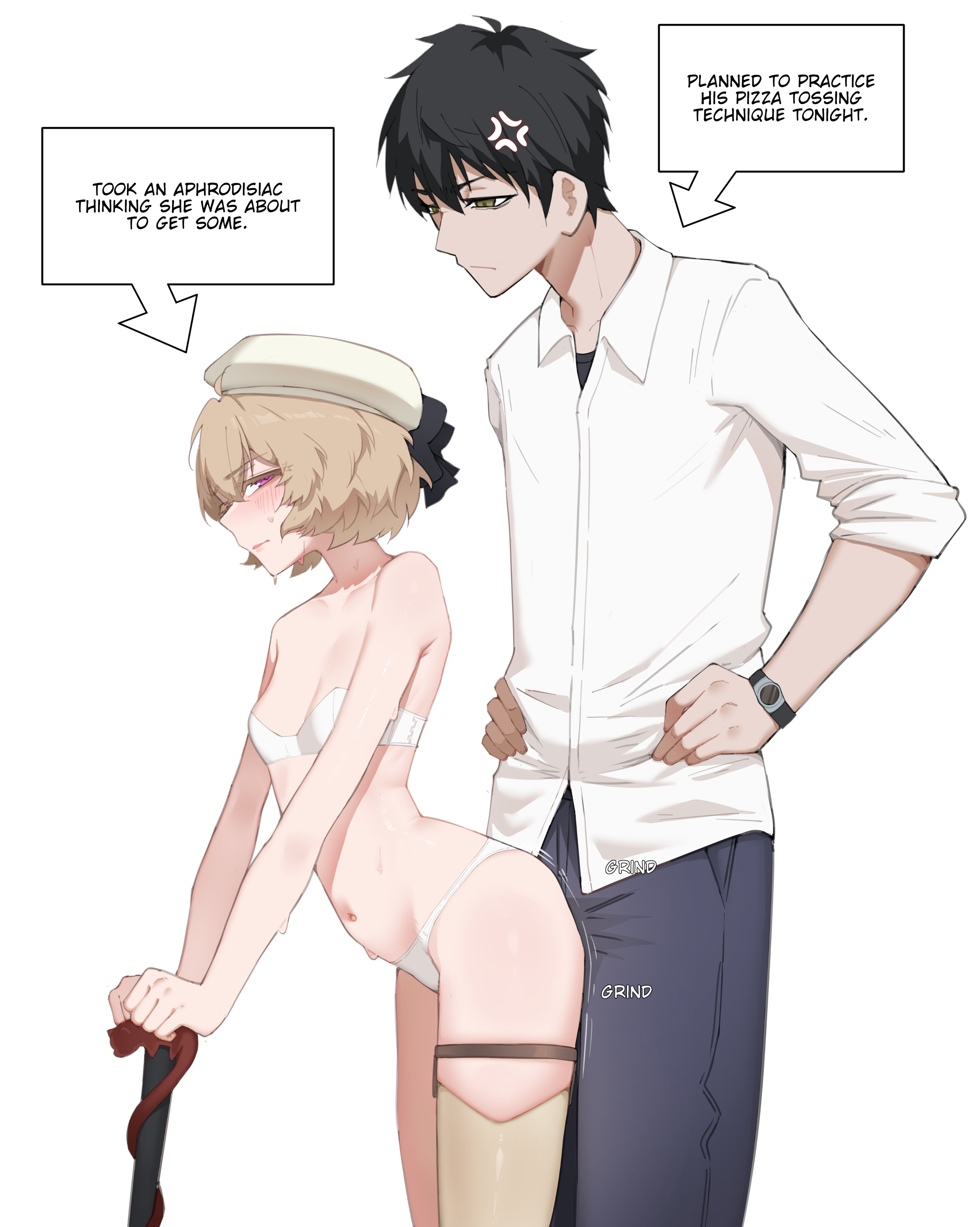 1boy, 1girls, absurd res, anger vein, black eyes, black hair, blonde hair, blush, english text, female, flirting, grinding, grinding on penis, height difference, iwanaga kotoko, kyokou suiri, luxurias, male, narrowed eyes, pink eyes, text box, white background