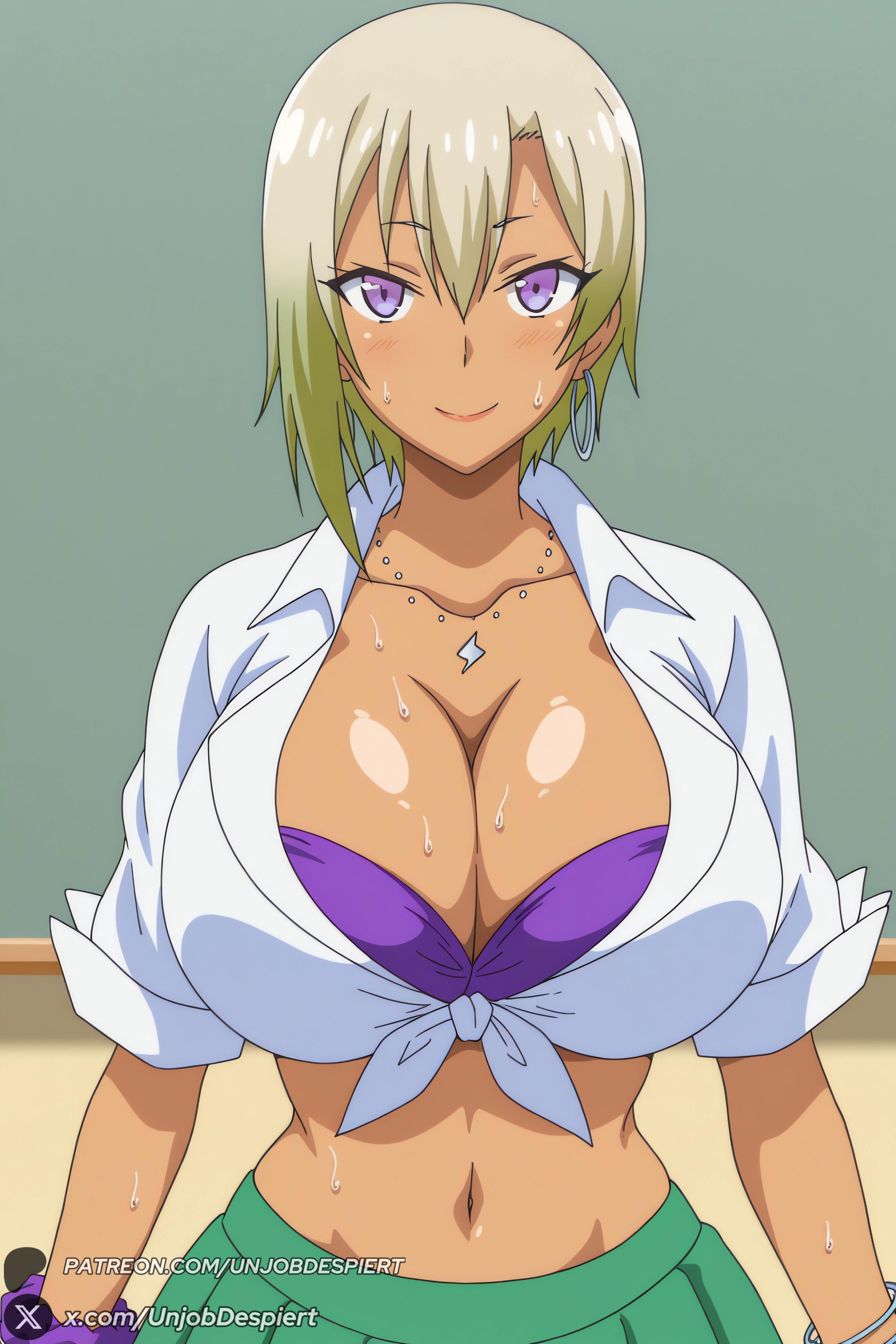 1female, 1girl, 1girls, 2026, ai generated, artist name, bangs, big ass, big breasts, blonde hair, blush, bra, bracelet, breasts, chalkboard, cleavage, closed mouth, collarbone, collared shirt, curvy, dark skin, dark-skinned female, earrings, female, female only, green skirt, gyaru, hair between eyes, hajimete no gal, hi res, high quality, high resolution, highres, honjou ranko, hoop earrings, huge ass, huge breasts, indoors, jewelry, kogal, large breasts, looking at viewer, midriff, multicolored hair, navel, necklace, patreon, patreon username, pleated skirt, purple bra, purple eyes, school uniform, shirt, short hair, short sleeves, skirt, smile, solo, sweat, tied shirt, underwear, unjobdespiert, upper body, watermark, web address, white shirt