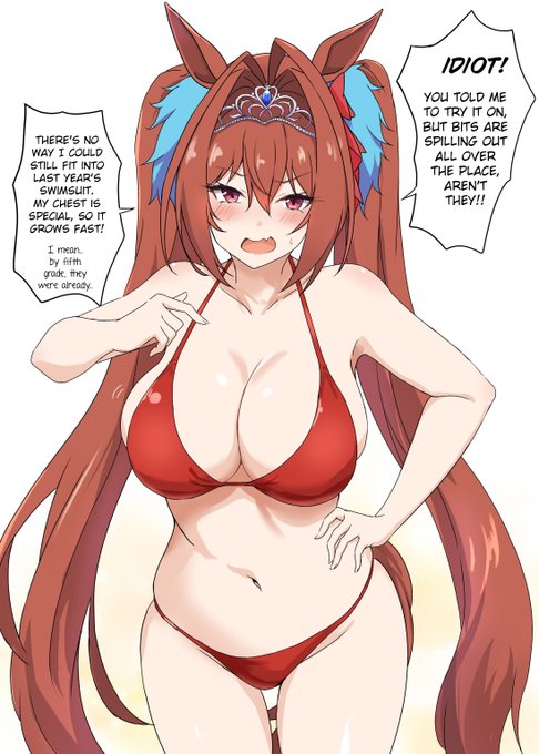 1girl, 2d, animal ears, arm on hip, big breasts, bikini, bikini only, blushing, breasts, caption, caption box, daiwa scarlet (umamusume), english text, female, female only, horse ears, horse girl, long hair, looking at viewer, red hair, tight bikini, umamusume, umamusume pretty derby