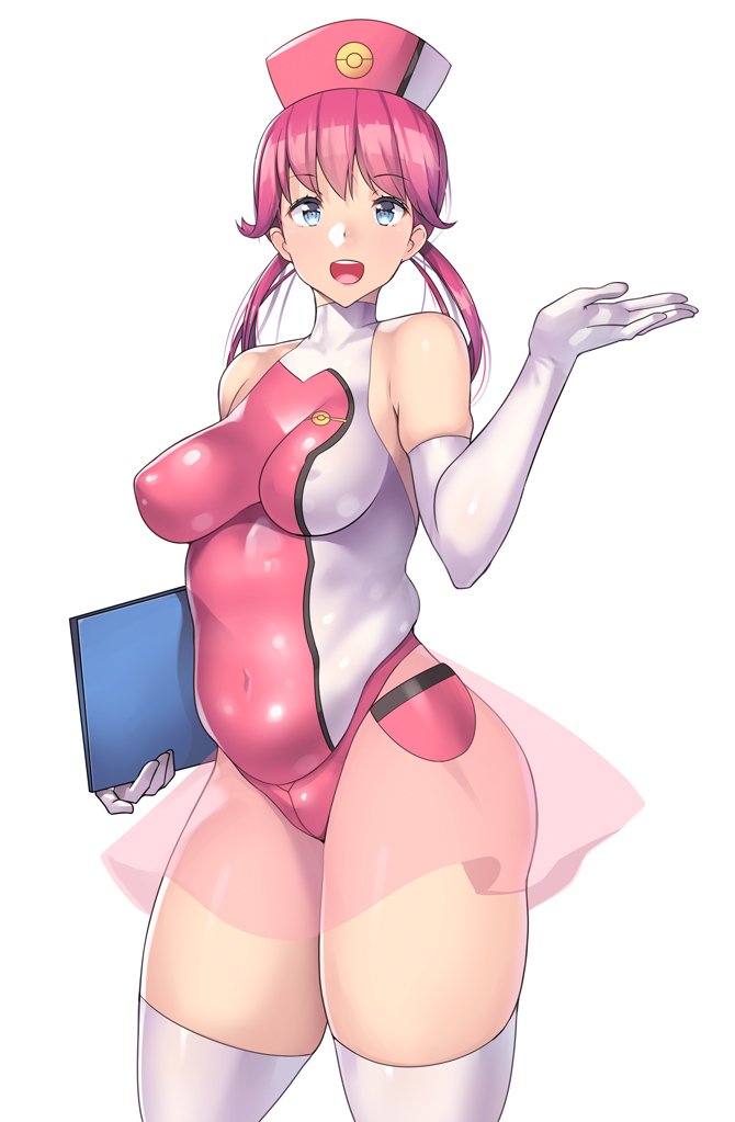 1girls areolae ass bare_shoulders belly blue_eyes bodysuit breasts chubby cleavage elbow_gloves eyelashes female female_only gloves headdress holding human long_hair looking_at_viewer nagase_haruhito navel nintendo nipples nurse nurse_joy nurse_uniform one-piece_swimsuit open_mouth panties pink_hair pokemon pokemon_sm see-through skirt slightly_chubby smile solo standing swimsuit teeth thick_thighs thighhighs tongue twintails white_background