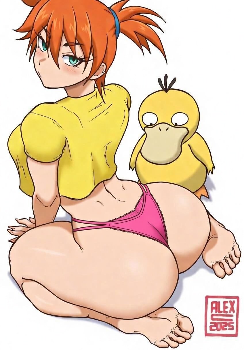 1girl, animal, aqua eyes, arched back, arm support, artalexc, ass, asymmetrical hair, back, barefoot, bird, blush, breasts, closed mouth, crop top, cropped shirt, dimples of venus, duck, feet, fingernails, from behind, green eyes, hair between eyes, hair tie, highres, huge ass, kasumi (pokemon), kneeling, lace, lace trim, lace-trimmed panties, leaning forward, legs, looking at viewer, looking back, misty (pokemon), nintendo, no pants, orange hair, panties, pink panties, pokemon, pokemon (anime), pokemon (classic anime), ponytail, psyduck, shirt, short hair, short sleeves, side ponytail, sitting, soles, thick ass, thighs, thong, toes, underwear, wariza, wide hips, yellow shirt