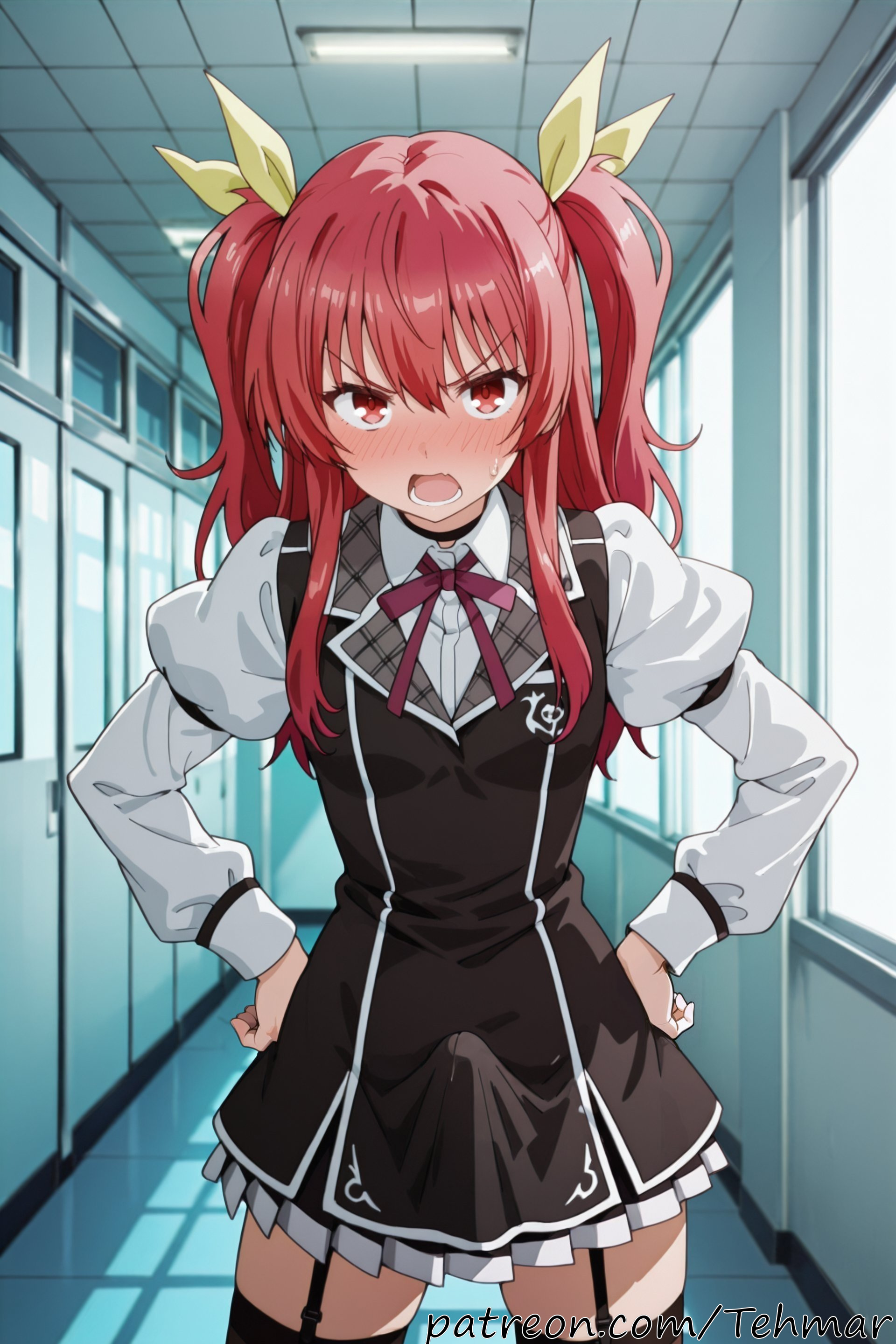 1boy, ai generated, black thighhighs, blush, bulge, erection, erection under clothes, femboy, garter straps, genderswap, genderswap (ftm), hair ribbon, hands on hips, indoors, juliet sleeves, long hair, long sleeves, looking at viewer, male, open mouth, puffy sleeves, rakudai kishi no cavalry, red eyes, red hair, ribbon, school uniform, solo, stella vermillion, tehmar, thighhighs, trans woman, transfem, trap, twintails, two side up, yellow ribbon, zettai ryouiki