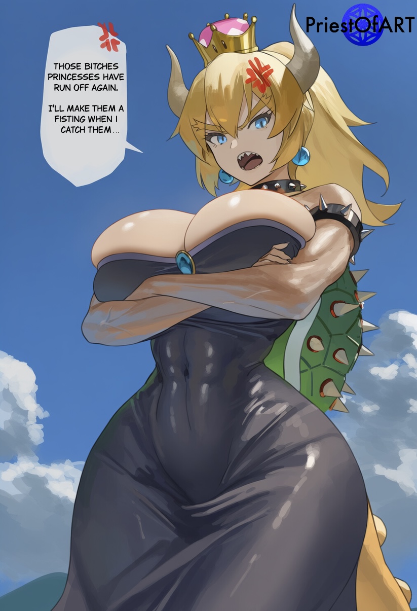 1girls, ai generated, anger vein, angry, big breasts, black dress, blonde hair, bowsette, busty, choker, covered abs, crossed arms, crown, dress, earrings, english text, female, from below, huge breasts, mario (series), muscular, muscular female, open mouth, outdoors, ponytail, priestofart, sharp teeth, shiny, speech bubble, sundress, tail, text, thick thighs, watermark, wide hips