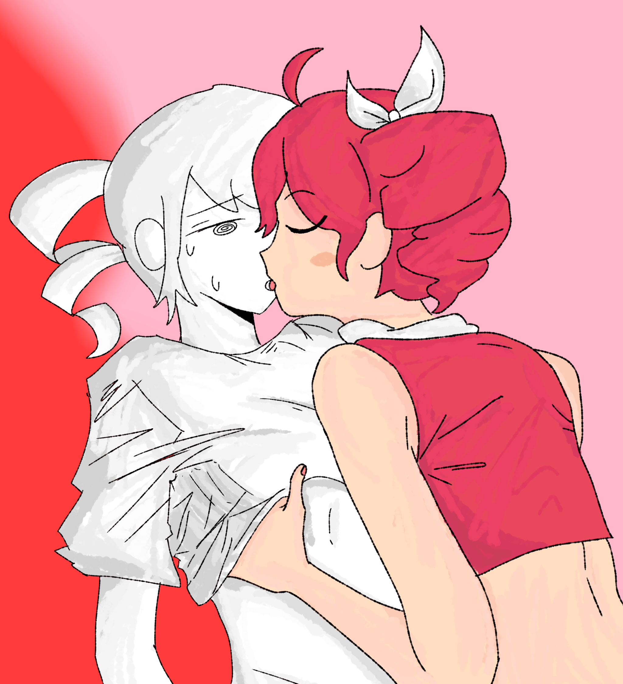 2girls, abstract background, black and white, bottomless, bottomless female, closed eyes, female, flavor foley, kasane teto, mv character, rndmpa, rot for clout, self upload, selfcest, spiral eyes, spoken for (flavor foley), swirly eyes, tagme, touching breast, utau, yuri