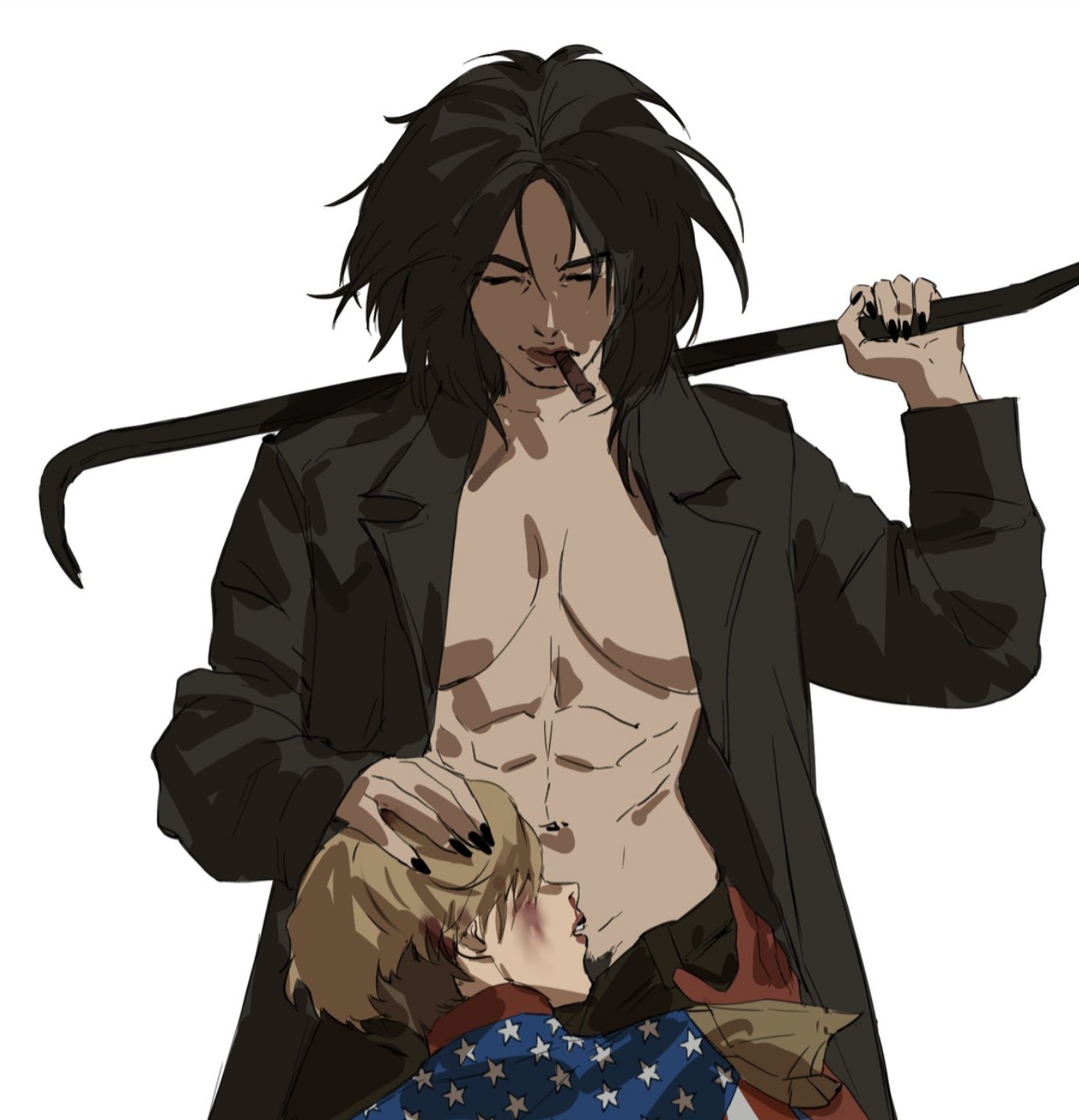 2girls, big breasts, billy butcher, black hair, blonde hair, bluesky link, breasts, closed eyes, closed mouth, clothed, clothed female, clothing, color, crowbar, cunnilingus, enargeia, female, female focus, female only, femsub, genderswap, genderswap (mtf), homelander, human, light skin, muscular, muscular female, oral, partially clothed, rule 63, short hair, short hair female, simple background, standing, submissive female, taiyang yu, the boys, twitter link, undercut, white background, yuri