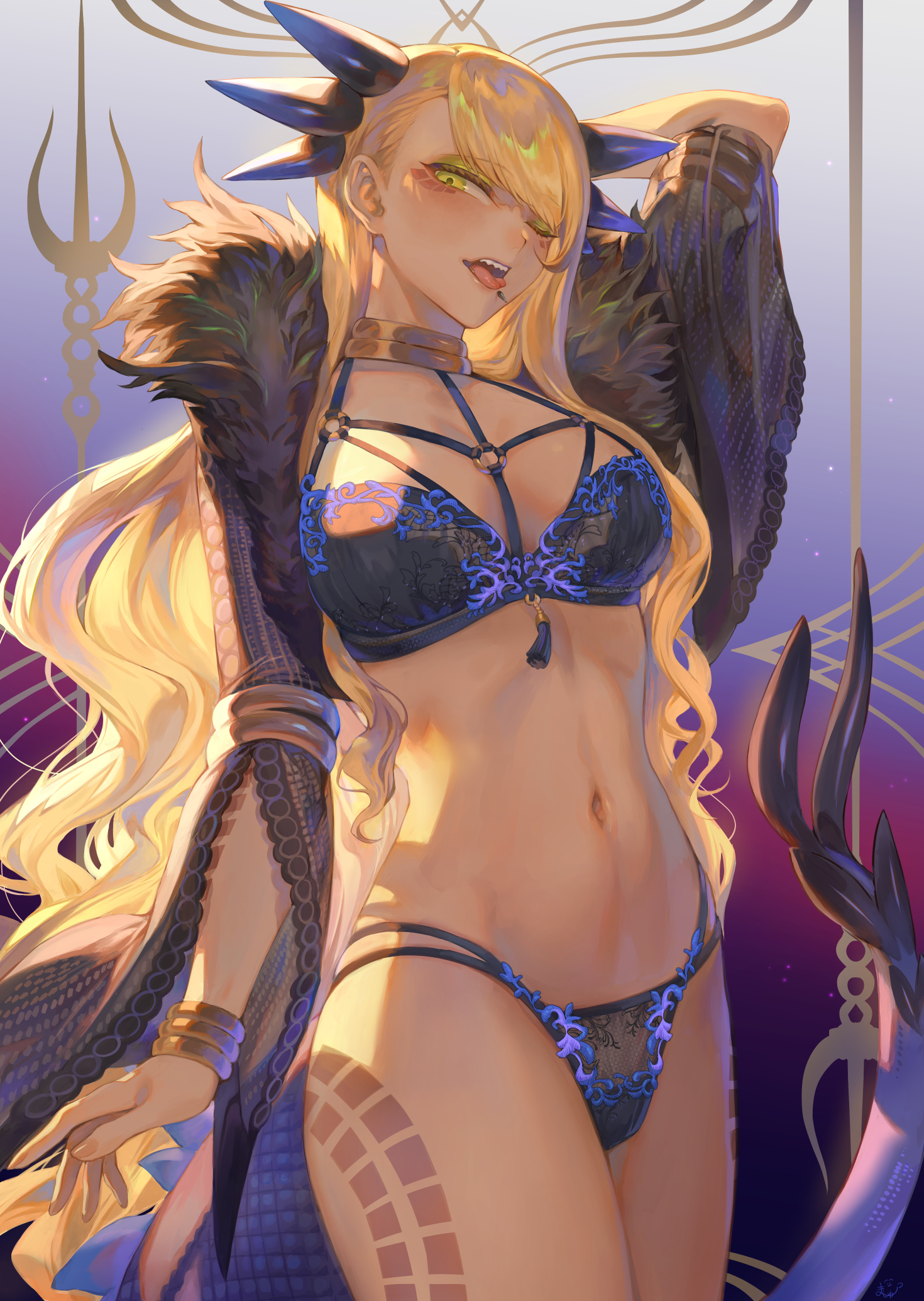 1girls, arm up, bangles, blonde hair, blue bra, blue lingerie, blue panties, blush, bra, breasts, canine teeth, clothing, curvy figure, dark-skinned female, dragon girl, dragon horns, dragon tail, fate (series), fate/grand order, female, hair over one eye, indian, indian female, legs together, lingerie, long hair, long sleeves, mashu 003, matching underwear, one eye closed, open mouth, panties, smile, split tongue, tongue, tongue out, vritra (fate), yellow eyes