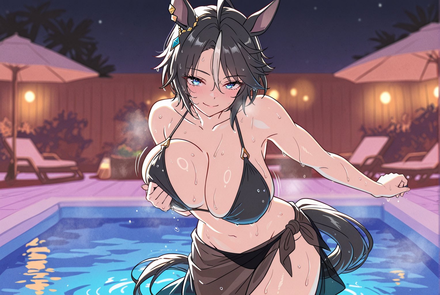 1girl, 2d, ai, ai generated, animal ears, big breasts, bikini, breasts, breasts focus, dripping, ear piercing, female, female only, fuji kiseki (umamusume), horse ears, horse girl, looking at viewer, pool, starvegatypeii, swimming pool, swimwear, umamusume, umamusume pretty derby, water, water drop