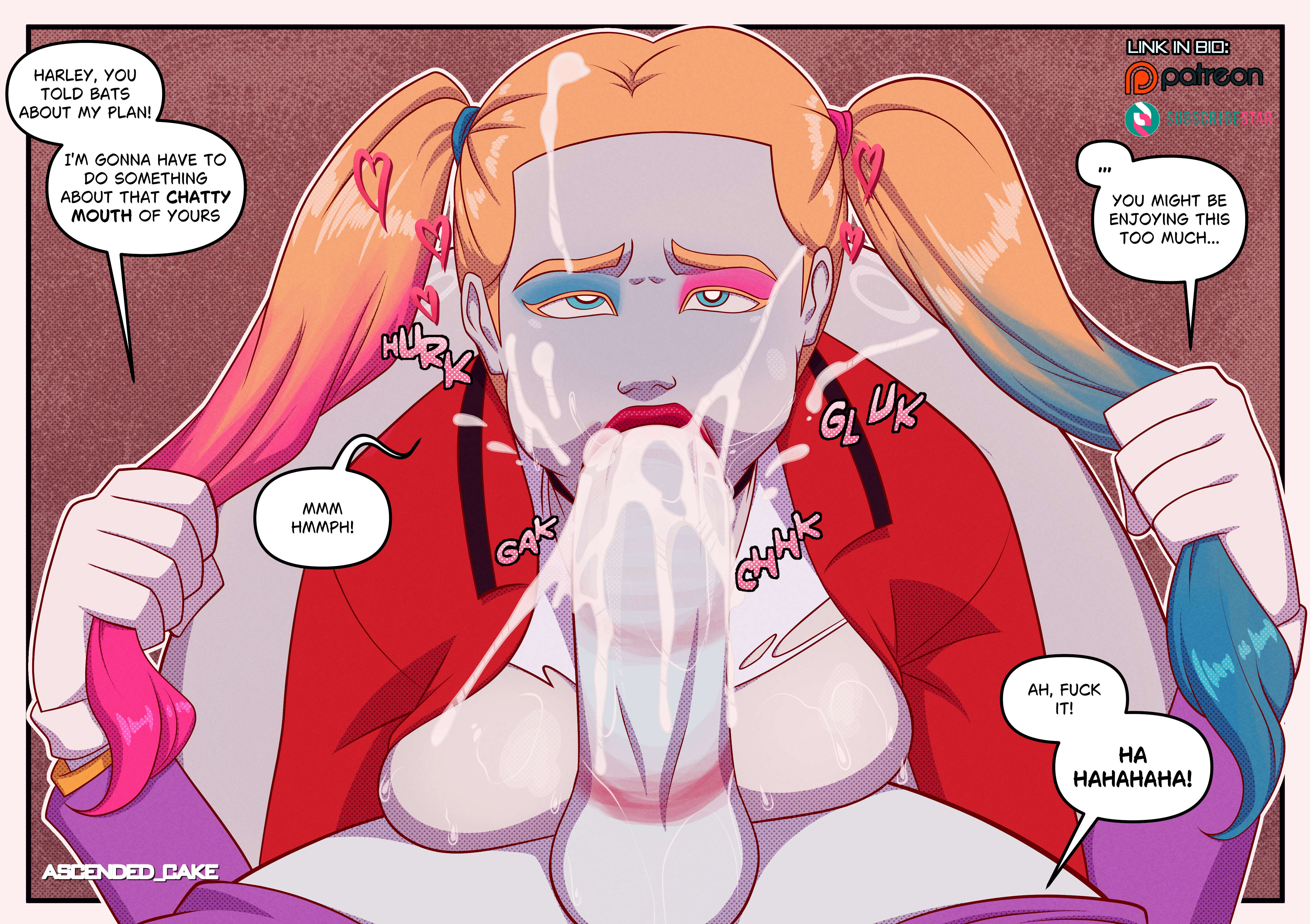 1boy, 1girls, artist name, ascended cake, balls, batman (series), big penis, blonde hair, blue eyeshadow, blue highlights, bottomless, breasts, canon couple, cock, cum, cum in mouth, cumming, cumming inside, cumshot, dc, dc comics, dialogue, english, english text, eyeshadow, female, gloves, green eyes, harleen quinzel, harley quinn, heart, hearts around head, holding hair, huge penis, large penis, lipstick, lipstick mark, lipstick on penis, makeup, male, onomatopoeia, oral, oral sex, partial male, patreon, patreon logo, penis, pigtails, pink eyeshadow, pink highlights, red lipstick, speech bubble, subscribestar, subscribestar logo, text, the joker, thighs, torn clothes, torn shirt, twintails, wardrobe malfunction