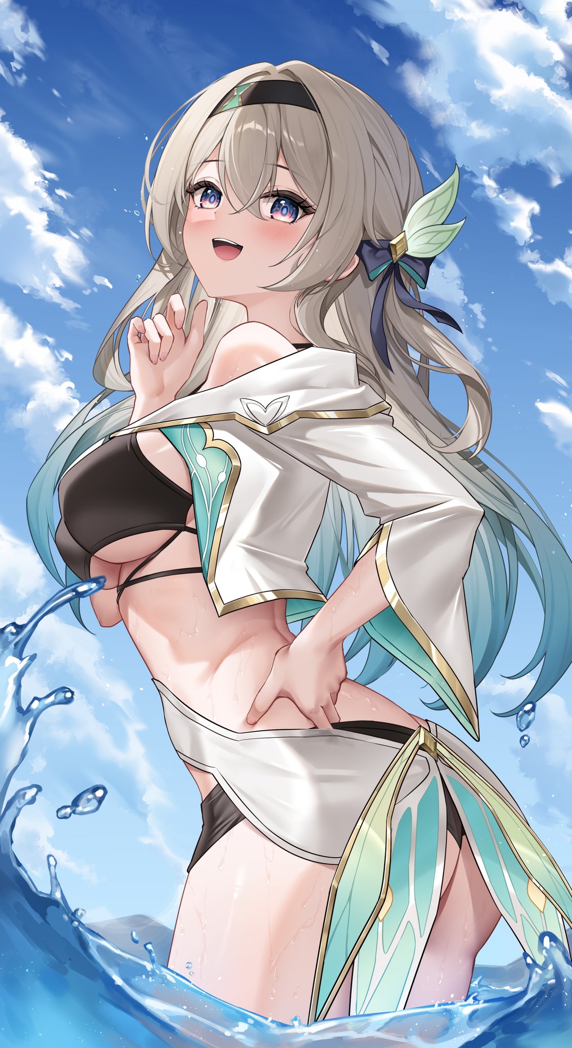 1girls, ass, big breasts, black swimsuit, breasts, exposed breasts, female, firefly (honkai: star rail), honkai (series), honkai: star rail, hoyoverse, long hair, lunacle, mihoyo, multicolored eyes, multicolored hair, sideboob, swimsuit, underboob, water