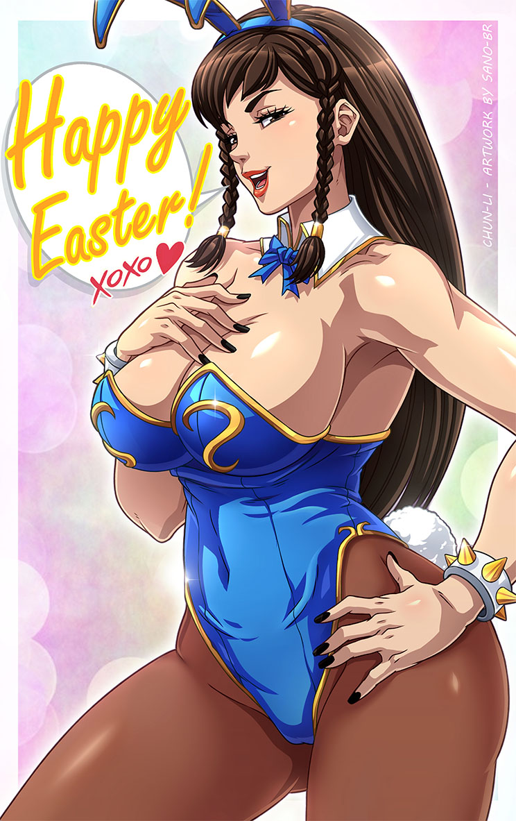1girls, alternate hairstyle, big breasts, breasts, bunny ears, bunny girl, bunny tail, bunnysuit, cameltoe, chun-li, cleavage, easter, female, female only, fully clothed, heart, hourglass figure, large breasts, pantyhose, pussy, sano-br, solo, speech bubble, strapless leotard, street fighter, tease, text