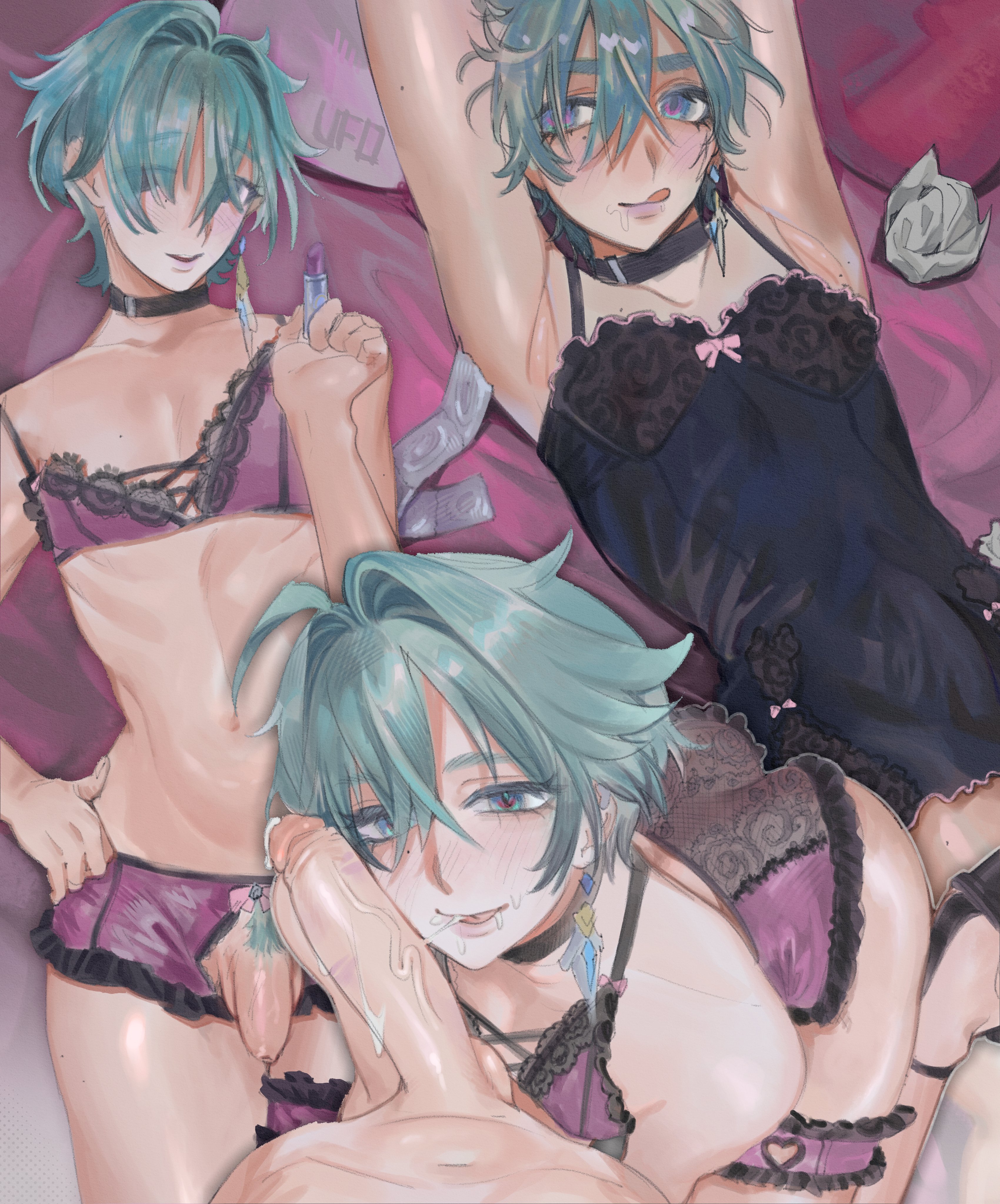 :d, 1femboy, 2boys, condom, cum, cum in mouth, erection, femboy, gay, genshin impact, kneeling, lace, laying down, lingerie, lipstick, lohen (genshin impact), male, male focus, male only, mole, mole under eye, penis, pubic hair, sex, tongue, tongue out, twink, uncensored, yaoi