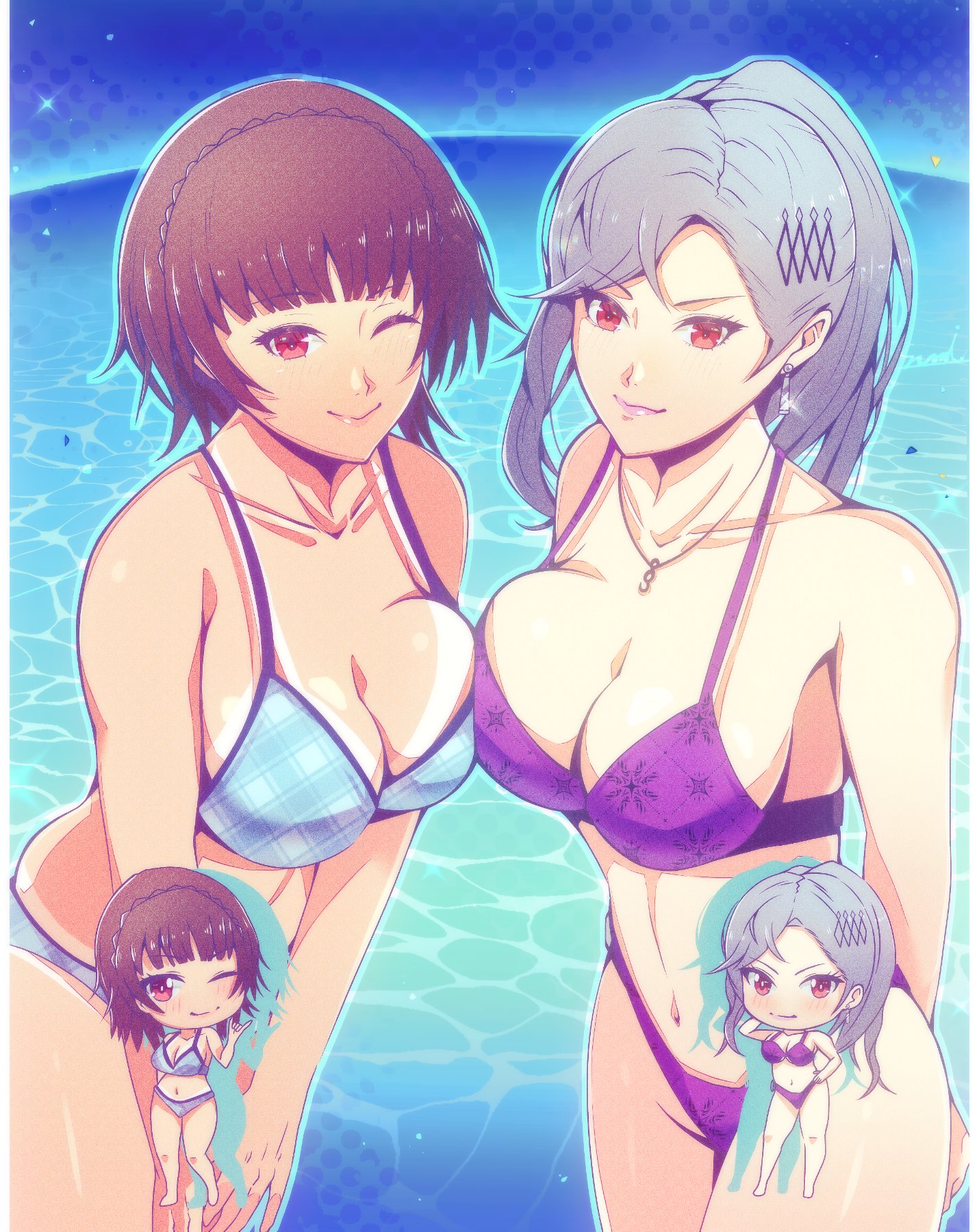 2d, 2d (artwork), 2girls, alluring, atlus, big breasts, bikini, brown hair, corner50777313, female, female only, grey hair, high res, human, human only, magenta eyes, makoto niijima, mature female, multiple girls, ocean, persona, persona 5, questionable, sae niijima, sega, siblings, silf, silfs, sisters, swimsuit, water