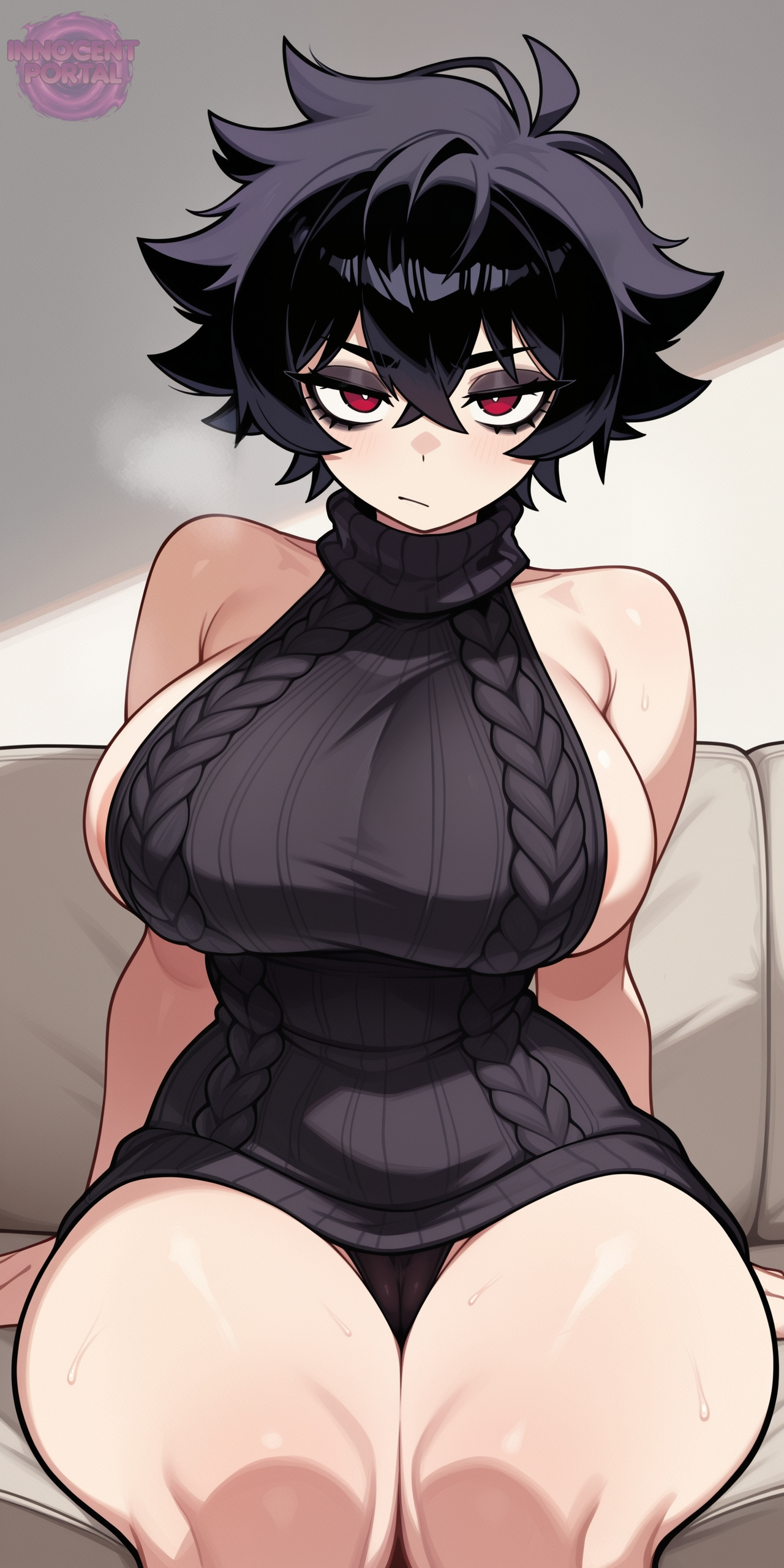 1girl, ai generated, areola slip, black hair, black makeup, black panties, black sweater, boobs, breasts, cameltoe, couch, curvy, curvy female, curvy figure, female, female focus, female only, goth, goth girl, goth makeup, gothic, huge breasts, jorgecarlosai, knees, legs, looking at viewer, makeup, panties, red eyes, sexy, short hair, sideboob, sitting, sweater, thick, thick legs, thighs, virgin killer sweater, visible pussy, watermark