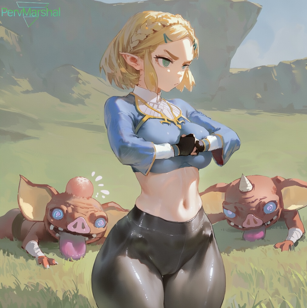 1girls, ai generated, blonde hair, bokoblin, cracking knuckles, elf ears, female, marshalperv, monster, pants, pervmarshal, princess zelda, red skin, shiny skin, short hair, tears of the kingdom, the legend of zelda, thick thighs, wide hips, zelda (tears of the kingdom)