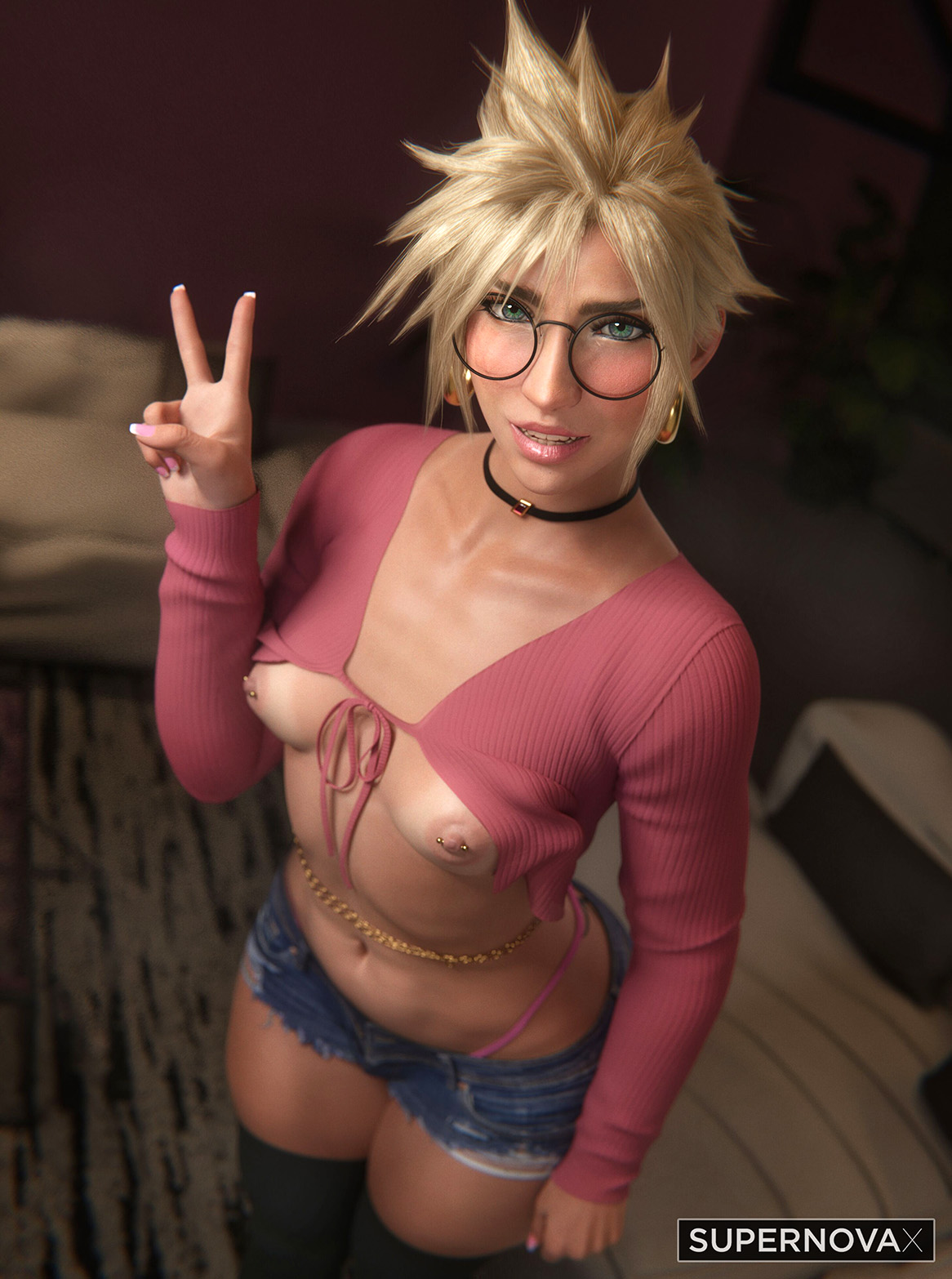 3d, androgynous, areolae, blonde, blonde hair, blonde-haired male, breasts, cloud strife, erect nipples, estrogen, final fantasy, final fantasy vii, final fantasy vii remake, girly, green eyes, gynomorph, hormone breasts, legwear, makeup, male, nipples, pierced nipples, piercing, puffy nipples, sissification, sissy, sissyfication, slim waist, small breasts, small penis, smile, solo, solo focus, solo male, square enix, standing, supernovax, tanline, tiny penis, tiny waist, trans woman, transfem, transgender, wide hips