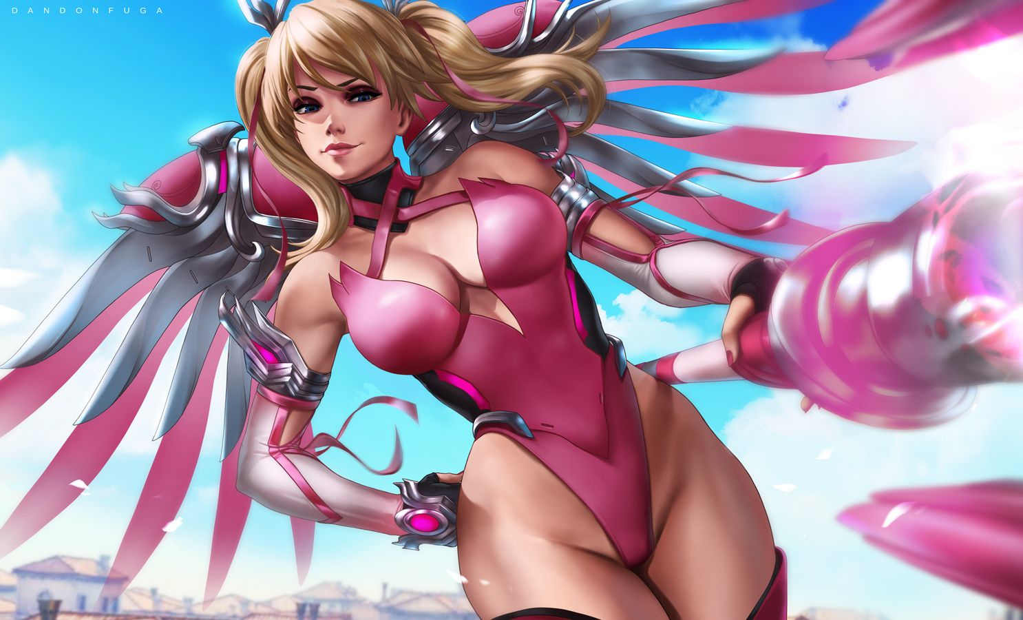 alternate costume, angela ziegler, big breasts, blizzard entertainment, blonde hair, blue eyes, breasts, dandon fuga, female, female only, looking at viewer, mercy, overwatch, pink mercy, solo, twintails