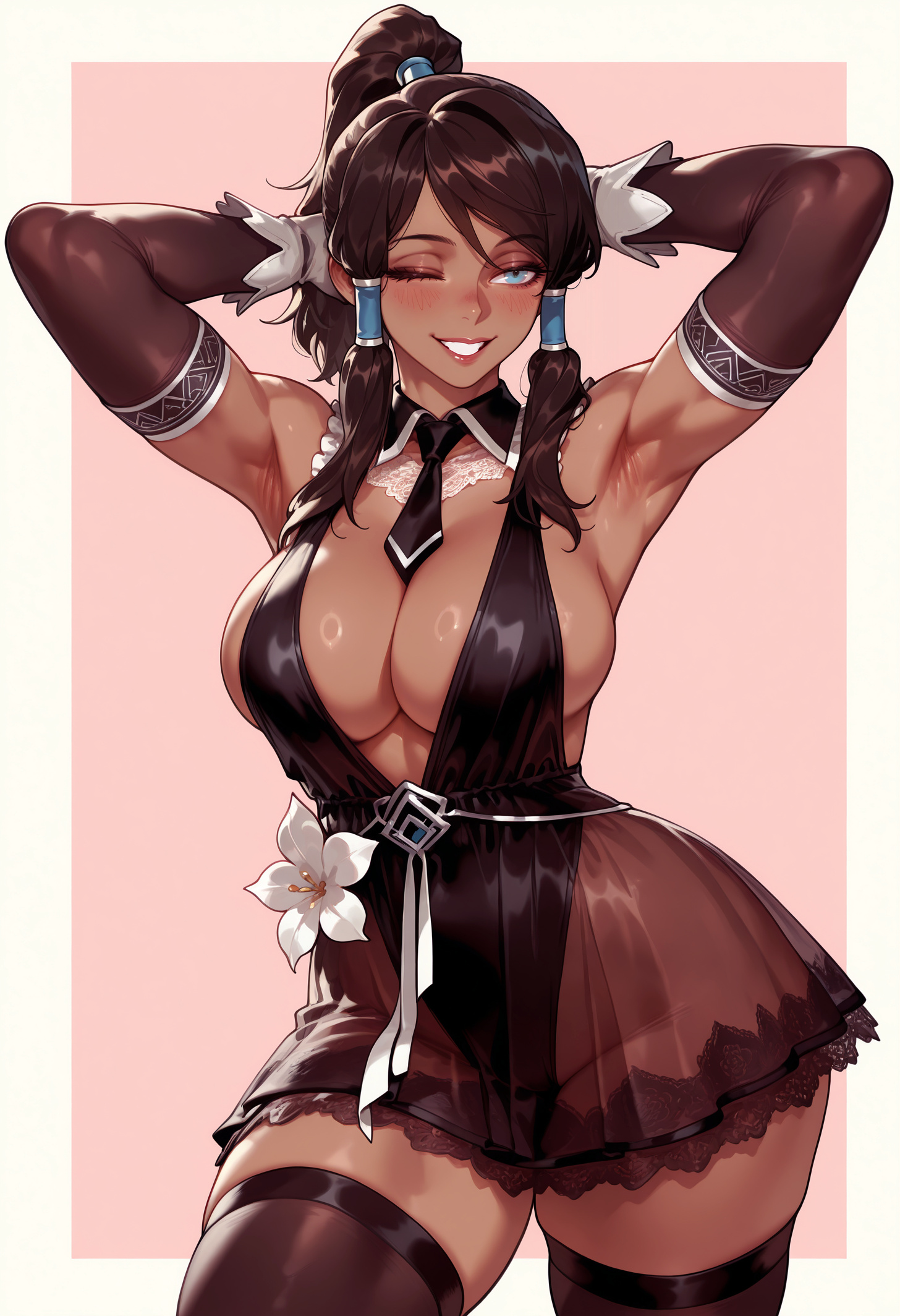 , 1girl, 1girls, ai generated, alternate costume, armpits, arms behind head, arms up, avatar (series), avatar the last airbender, avatar: the legend of korra, balecxi, bare shoulders, black leotard, black thighhighs, blue eyes, blush, breasts, brown hair, brown thighhighs, cleavage, clothing, cowboy shot, curvaceous, curvaceous female, curvaceous figure, curvy, curvy figure, dark skin, dark-skinned female, detached collar, detached sleeves, dress, elbow gloves, female, female focus, female only, flower, gloves, grin, hair tubes, highleg, inviting, inviting to sex, korra, large breasts, legwear, leotard, lips, long hair, looking at viewer, necktie, nickelodeon, one eye closed, pink background, ponytail, presenting, presenting ass, presenting breasts, presenting hindquarters, presenting pussy, presenting self, seductive, seductive look, seductive smile, see-through, see-through skirt, sideboob, sidelocks, simple background, skirt, smile, solo, the legend of korra, thick thighs, thighhighs, thighs, voluptuous, voluptuous female, white border, white flower, wide hips
