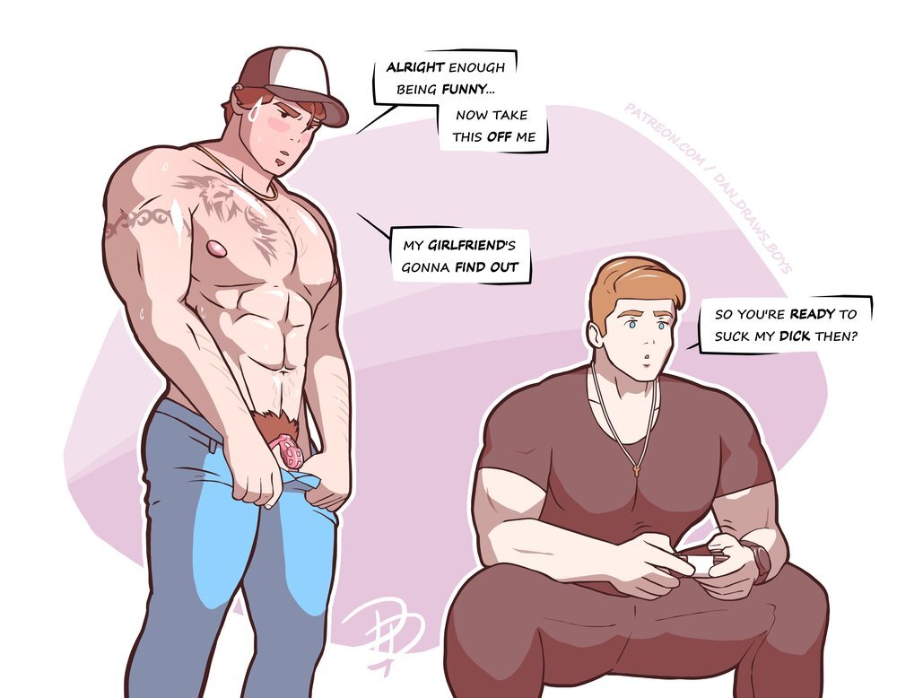 2boys, 2d, bara, blue eyes, brown hair, cap, chastity, chastity cage, chastity device, color, colored, dan draws boys, dominant, dominant male, domination, english text, gay, gay male, hair, male, muscular, muscular male, muscular sub, original, original character, straight male, submissive, submissive male, tattoo, tattooed arm, tattoos, text, uncensored, yaoi