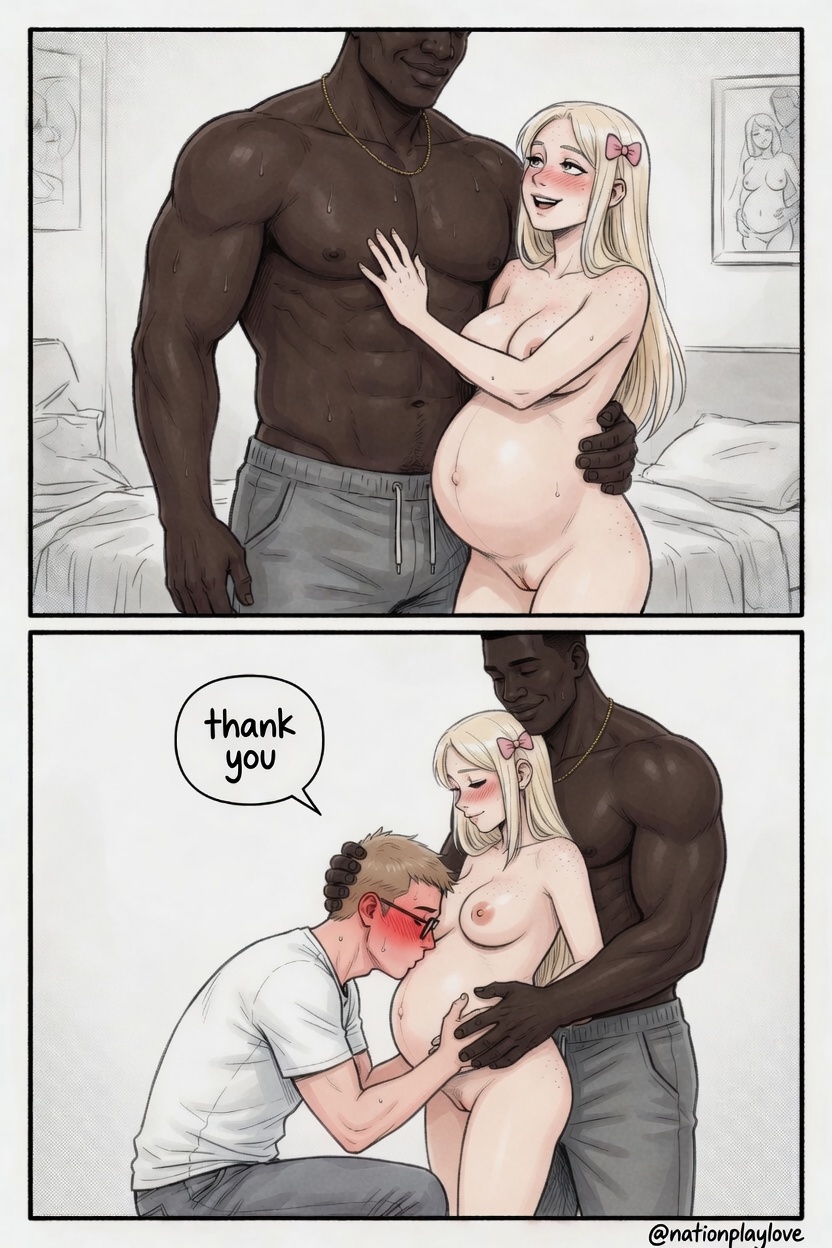 1girls, 2boys, ai generated, blonde hair, cuckold, dark skin, dark-skinned male, english text, female, interracial, male, nationplaylove, pregnant, text
