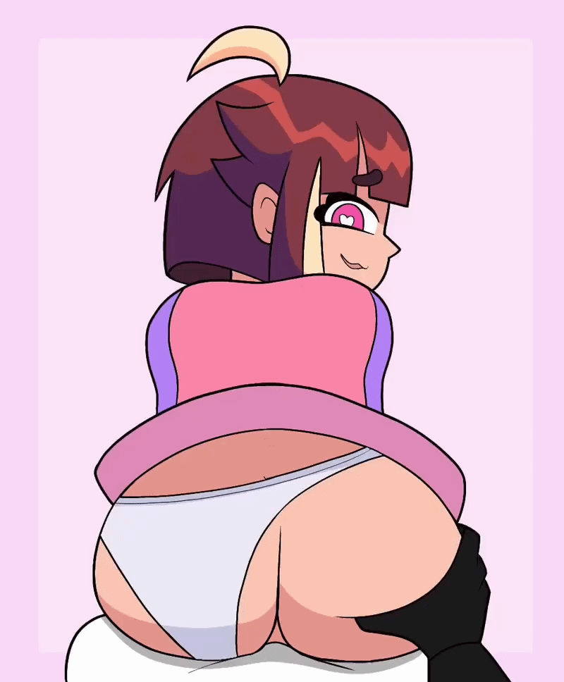 :3, animated, black gloves, blue sleeves, brown hair, friday night funkin, friday night funkin mod, gif, hand on ass, heart pupils, long sleeve shirt, long sleeves, looking back, panties, panties aside, pink eyes, pink shirt, pink skirt, qt (friday night funkin), reverse cowgirl position, riding penis, short hair, sickojacko, skirt, tagme