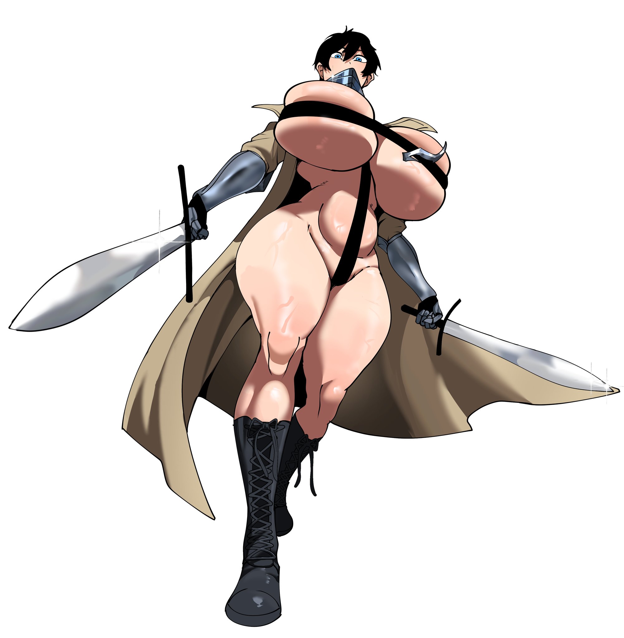1girls, almost naked, barely clothed, big breasts, boob window, breasts, breasts covered, cleavage, curvy, curvy figure, enormous breasts, female, female only, giant breasts, gigantic breasts, holding weapon, huge breasts, huge thighs, hyper breasts, low-angle view, seder (shinhyunxi), shinhyunxi, thick, thick thighs, thighs, thunder thighs, trenchcoat, venus body, voluptuous, voluptuous female
