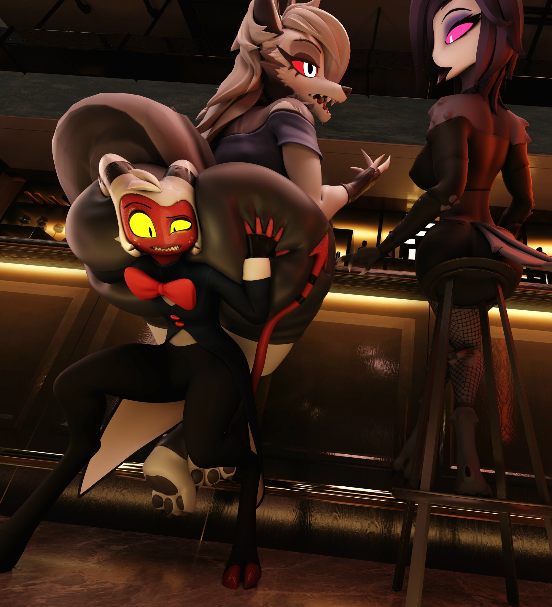 1boy, 2girls, 3d, 3d (artwork), anthro, anthro female, ass, big ass, big ass (female), big butt, big butt (female), butt, demon, demon boy, dominant, dominant female, female, female focus, femdom, furry, furry female, hellhound, helluva boss, imp, loona (helluva boss), moxxie (helluva boss), octavia (helluva boss), submissive, submissive male, vllrukkin