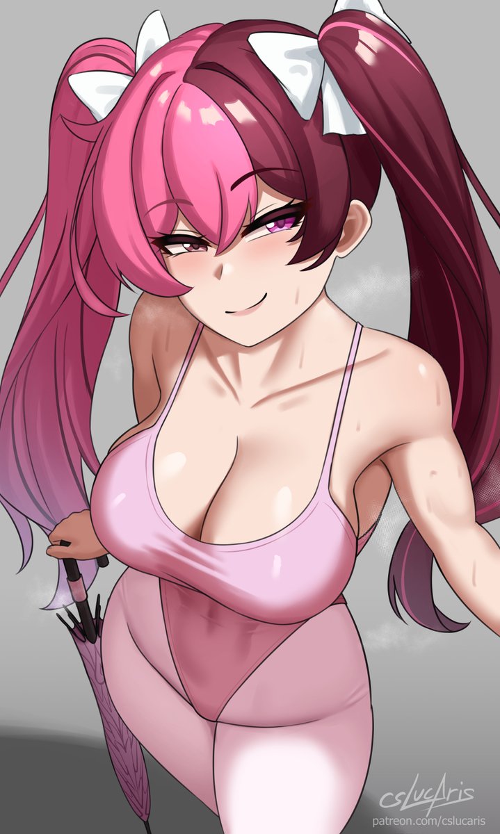 1girls, alternate hairstyle, artist name, artist signature, big breasts, brown hair, busty, cslucaris, heterochromia, hush (rwby), large breasts, leotard, looking at viewer, neo (rwby), pink hair, pink leotard, rwby, smile at viewer, sweat, sweaty body, twintails, two-tone hair, viewed from above, viz media, voluptuous, watermark