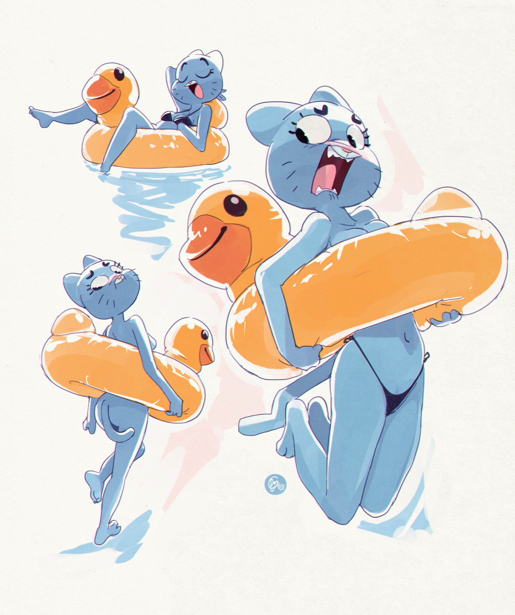 1girls, anatid, anseriform, anthro, avian, back boob, bikini, bird, blush, breasts, butt, cartoon network, clothed, clothing, convenient censorship, domestic cat, duck, edtropolis, eyes closed, felid, feline, felis, female, hi res, mammal, nicole watterson, nude, nude anthro, nude female, open mouth, pool toy, smile, solo, swimwear, the amazing world of gumball, topless, topless anthro, topless female, two-piece swimsuit, water