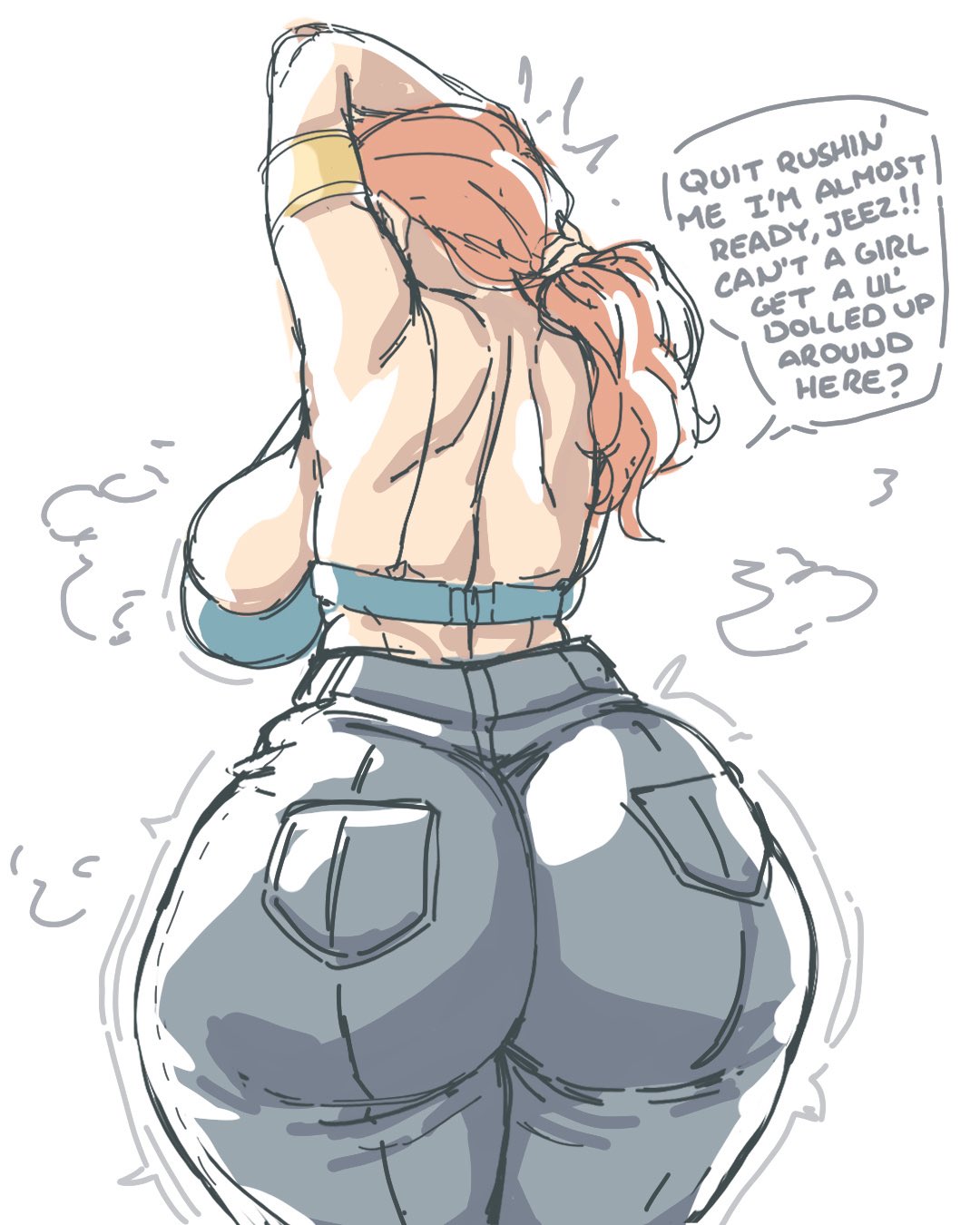 1girls, 2d, 2d (artwork), ass, ass focus, big ass, big breasts, bra, breasts, bubble butt, busty, clothing, dialogue, facing away, fat ass, female, female only, getting ready, gluteal fold, huge ass, huge breasts, jeans, large ass, large breasts, massive ass, nami, nami (one piece), one piece, orange hair, pants, rear view, solo, talking to viewer, teatotalerlewds, text, thick ass, thick thighs, thunder thighs, wide hips