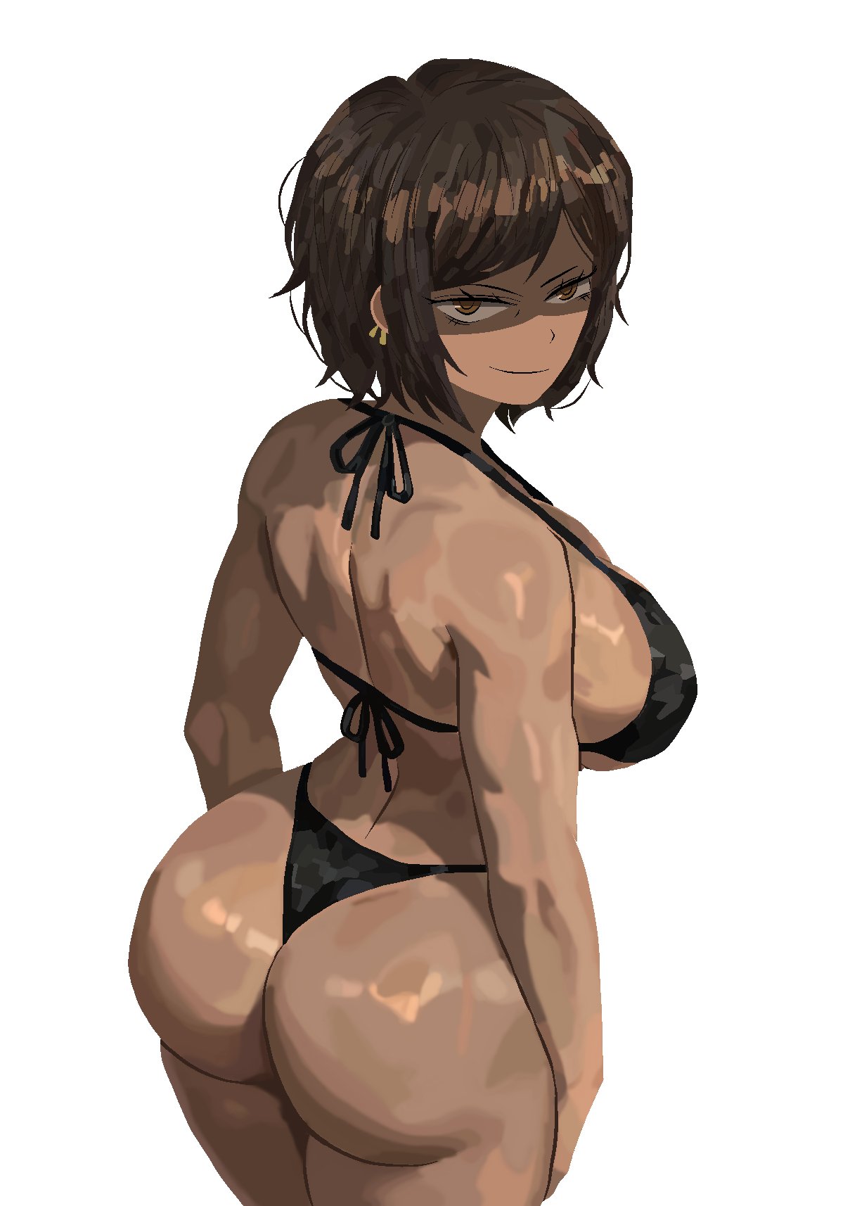1girls, ass, ass focus, bare shoulders, big ass, big breasts, bikini, black bikini, breasts, brown hair, busty, curvaceous, curvy, curvy female, curvy figure, dark skin, dark-skinned female, female, female only, huge breasts, human, large ass, large breasts, limbus company, looking over eyewear, looking over sunglasses, mature female, milf, older female, outis (limbus company), outis (project moon), paul camadonnas, project moon, qos, solo, solo female, solo focus, standing, tagme, thick thighs, thighs, tomboy, voluptuous, voluptuous female, wide hips