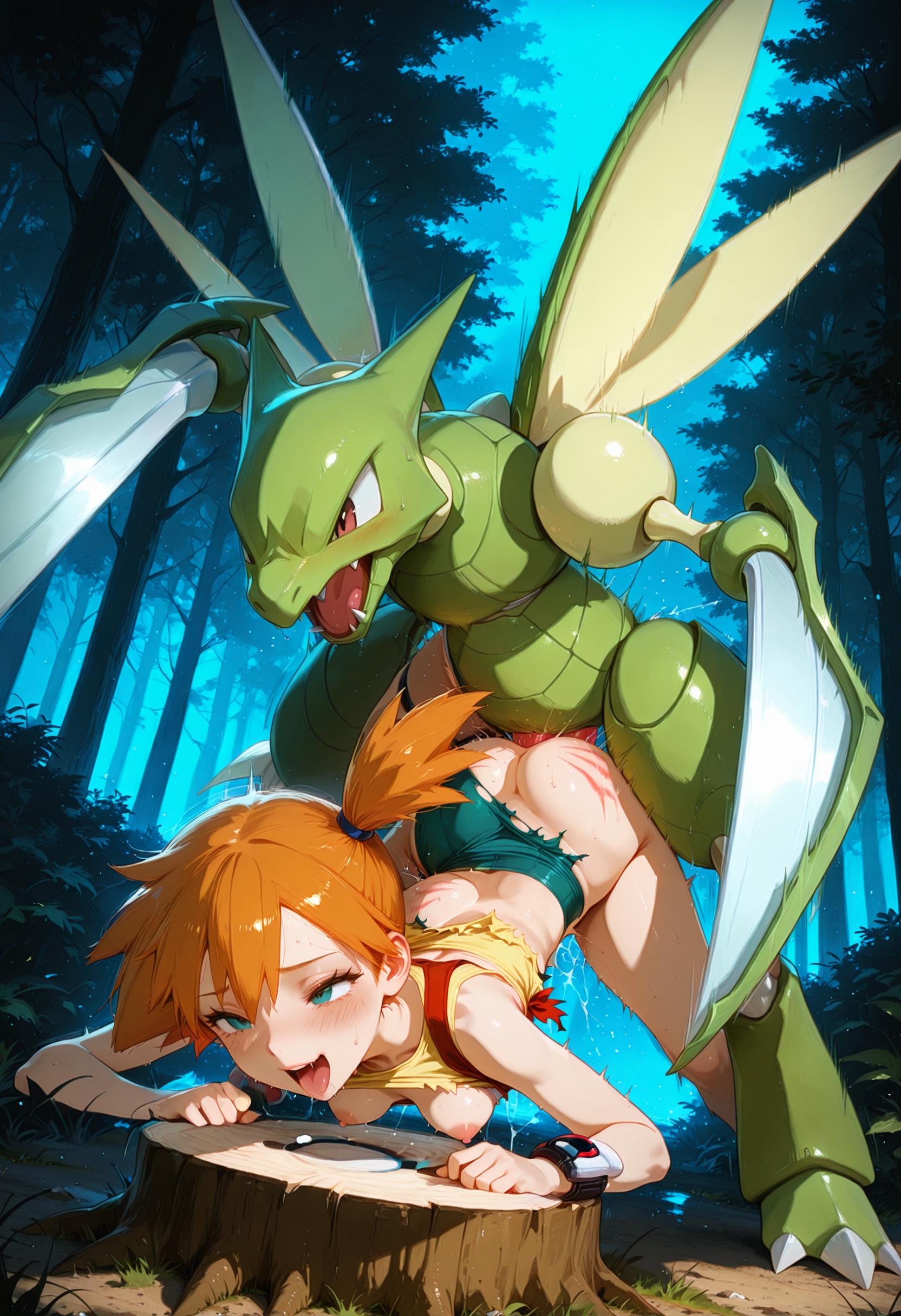 1boy, 1girl, 1girl1boy, 1girls, ai, ai art, ai assisted, ai generated, ai-created, ass, bestiality, blush, breasts, breasts out, clothed sex, denim shorts, doggystyle, female human, female human/male pokemon, forest, game freak, generation 1 pokemon, greymaker, gym leader, hetero, interspecies, interspecies sex, kasumi (pokemon), male pokemon, male pokemon/female human, misty (pokemon), nature, night, nintendo, nipples, open mouth, orange hair, outdoors, penis, pokemon, pokemon (anime), pokemon (classic anime), pokemon (creature), pokemon (species), pokemon rgby, pokemon trainer, pokephilia, scyther, sex, sex from behind, short hair, shorts, side ponytail, small breasts, stable diffusion, standing, stomach bulge, teenage girl, teenage tits, tongue, tongue out, top-down bottom-up, torn clothes, torn shorts, vaginal, wristband, yellow shirt