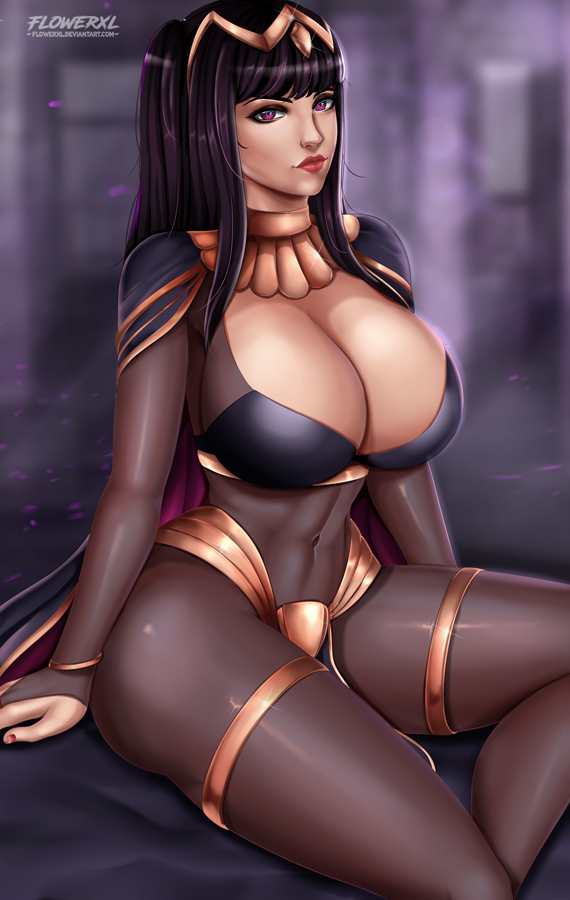 big breasts, blunt bangs, bodystocking, breasts, cleavage, female, female only, fire emblem, fire emblem awakening, flowerxl, large breasts, looking at viewer, solo, stockings, tharja (fire emblem)